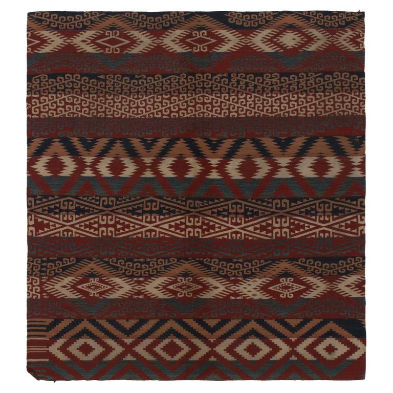 Antique Jajim Kilim in Scarlet Red, Blue and Beige Tribal Patterns by Rug and Kilim For Sale at