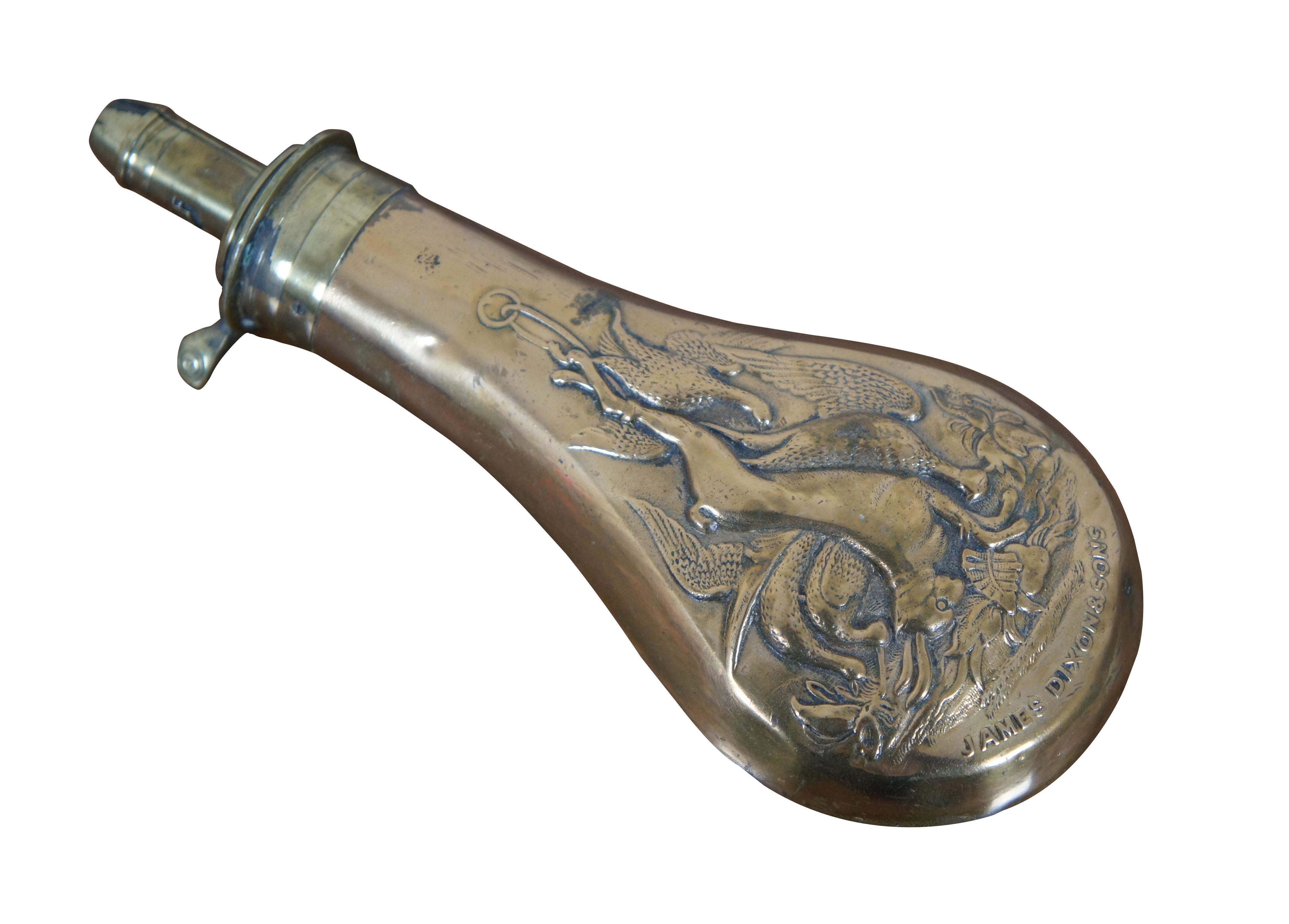 Antique English circa 1850’s copper and brass powder flask horn by James Dixon & Sons, featuring a molded motif of hanging game (rabbin / pheasant / duck / birds) and an adjustable dram measure at the top indicating 2, 2 ¼ and 2 ½