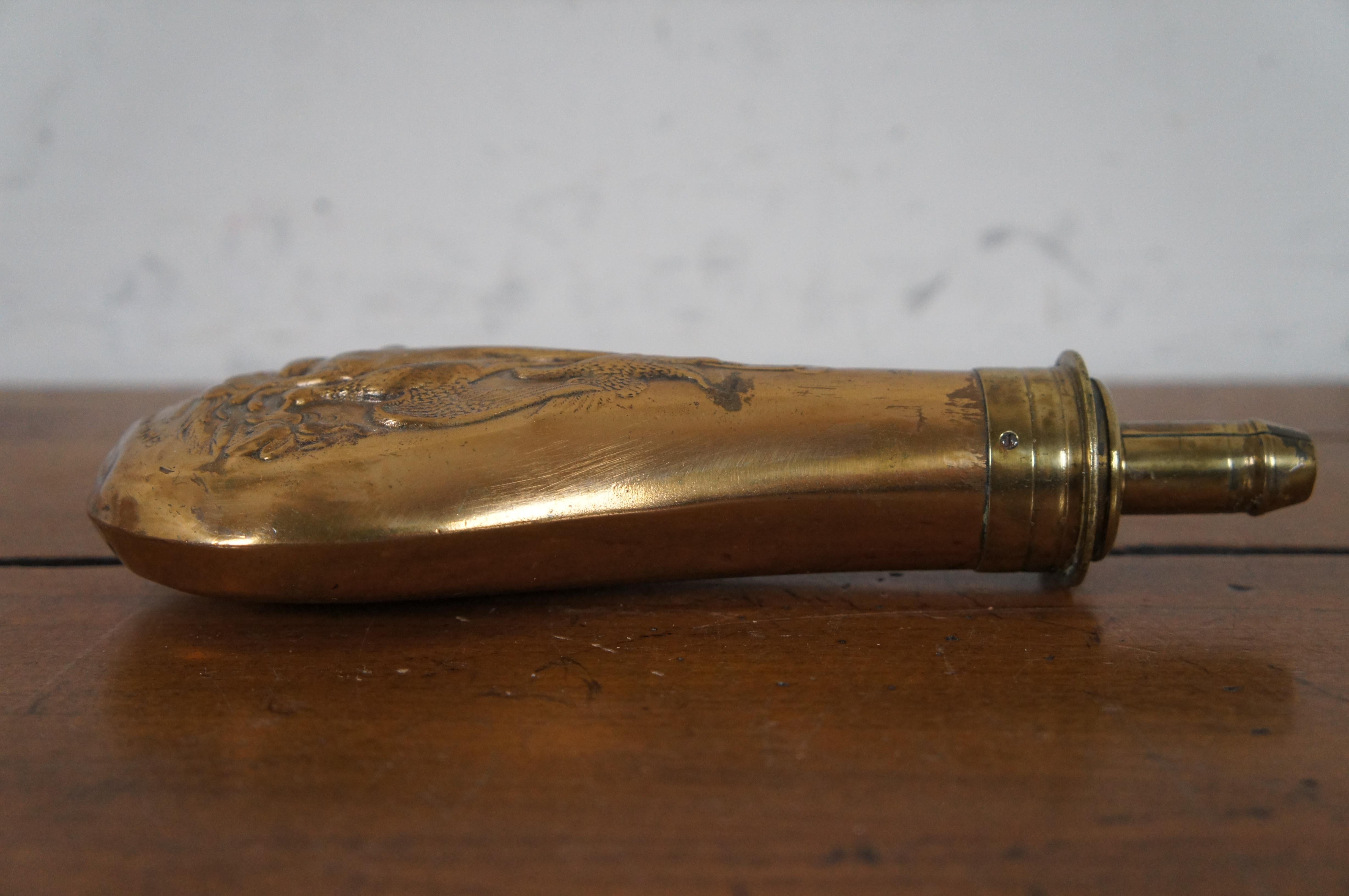 Antique James Dixon & Sons Copper Brass Stock Gun Powder Hunt Game Flask In Good Condition In Dayton, OH