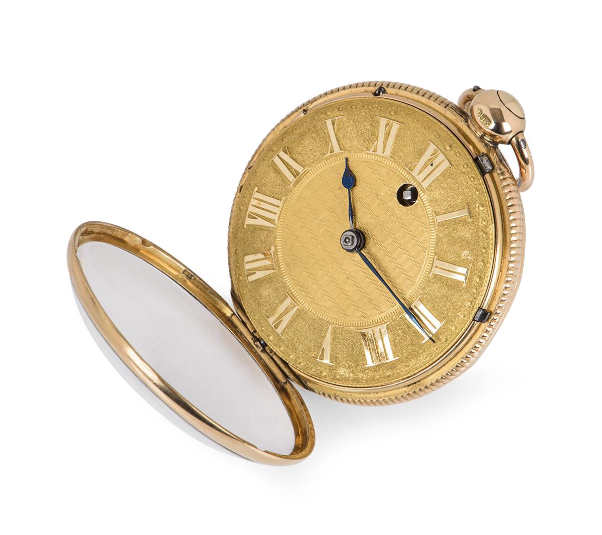 An antique 47 mm rose gold James Squire open face pocket watch by Kendal from around the 1810s. The champagne dial features Roman numerals and blued steel hands. Fitted with mineral glass and a manual key wind movement.

In excellent condition,