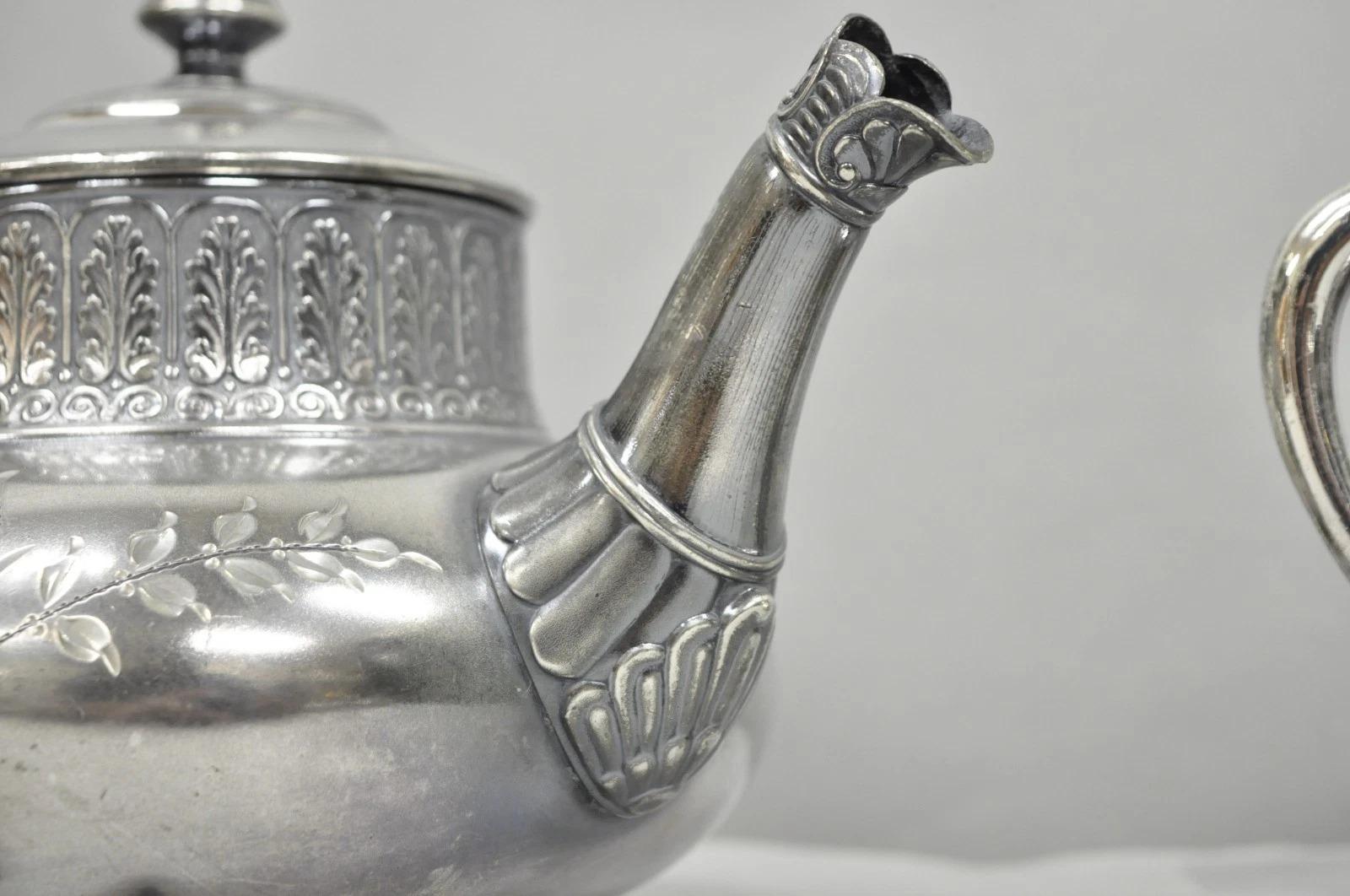 Antique James W Tufts 1948 Silver Plated Art Nouveau Tea Set - 5 Pc Set For Sale 6