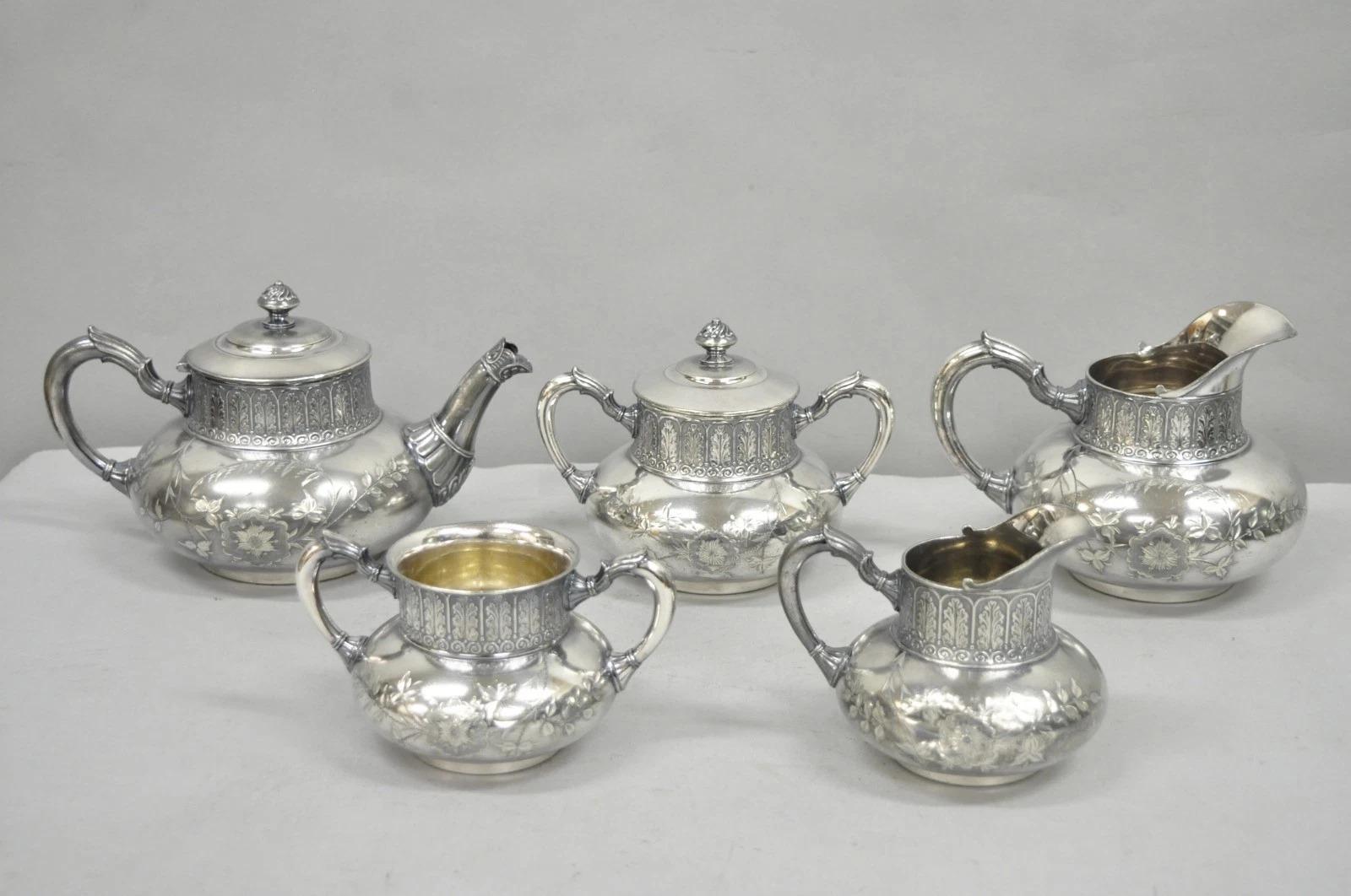 Antique James W Tufts 1948 Silver Plated Art Nouveau Tea Set - 5 Pc Set For Sale 7
