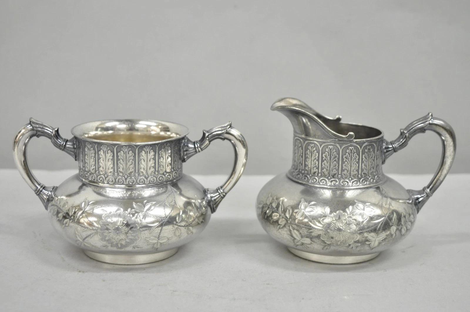 Unknown Antique James W Tufts 1948 Silver Plated Art Nouveau Tea Set - 5 Pc Set For Sale