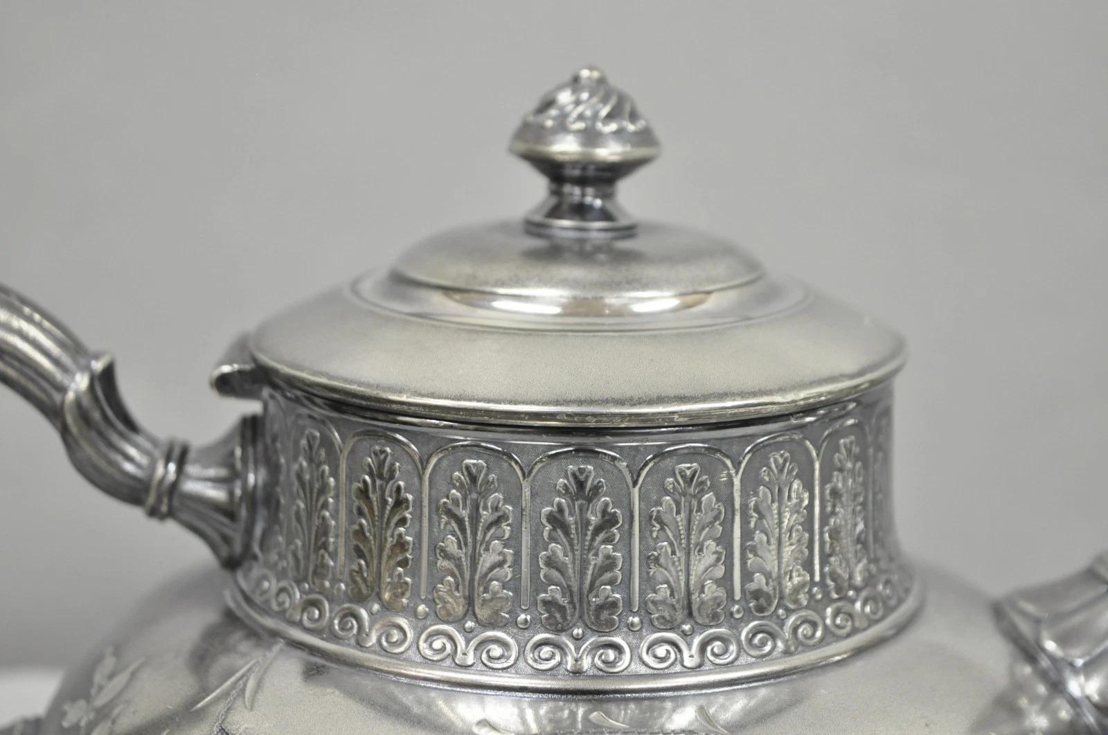 Antique James W Tufts 1948 Silver Plated Art Nouveau Tea Set - 5 Pc Set In Good Condition For Sale In Philadelphia, PA