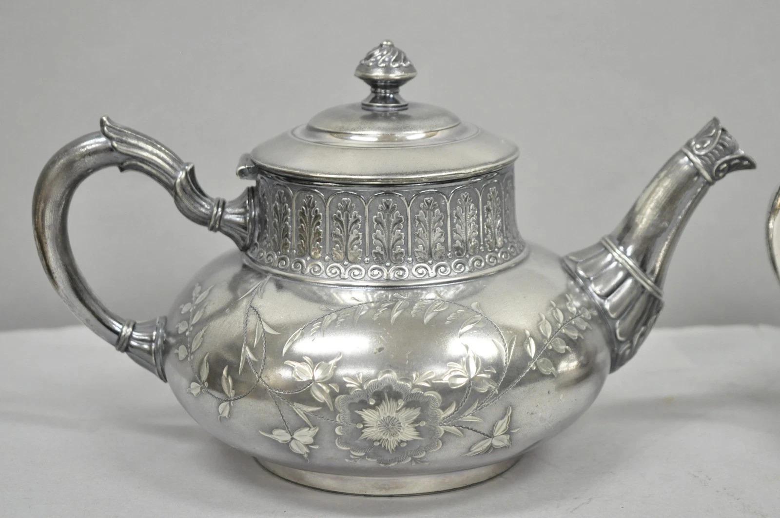 20th Century Antique James W Tufts 1948 Silver Plated Art Nouveau Tea Set - 5 Pc Set For Sale