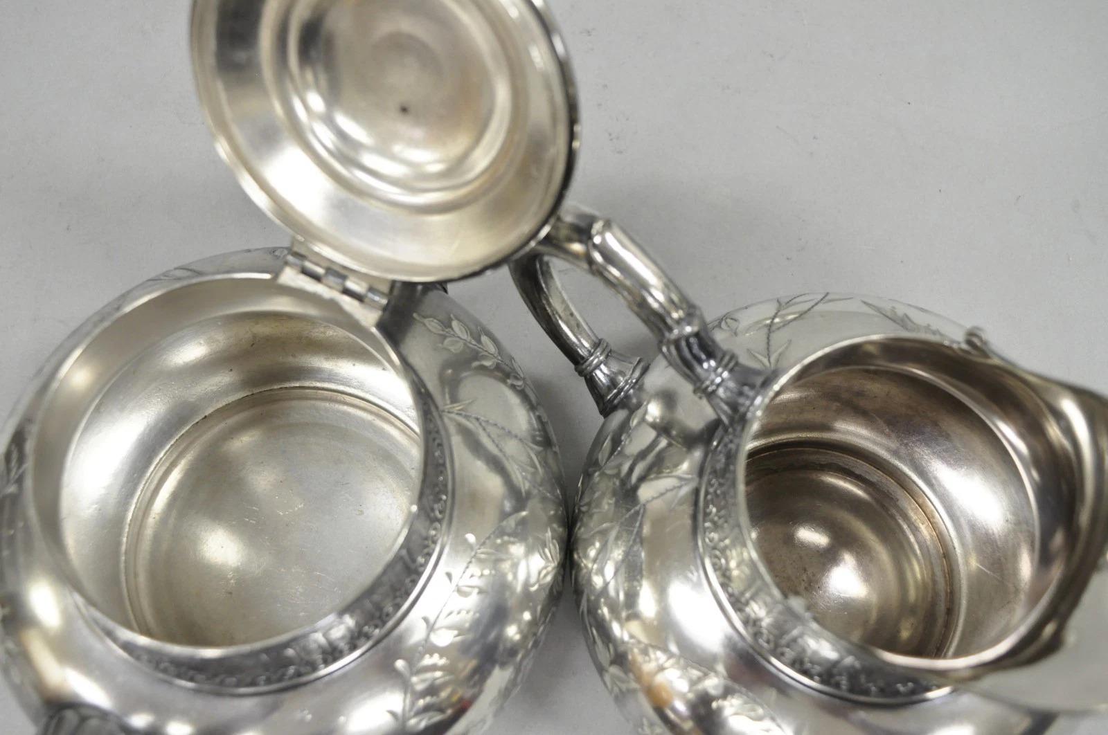 Antique James W Tufts 1948 Silver Plated Art Nouveau Tea Set - 5 Pc Set For Sale 2