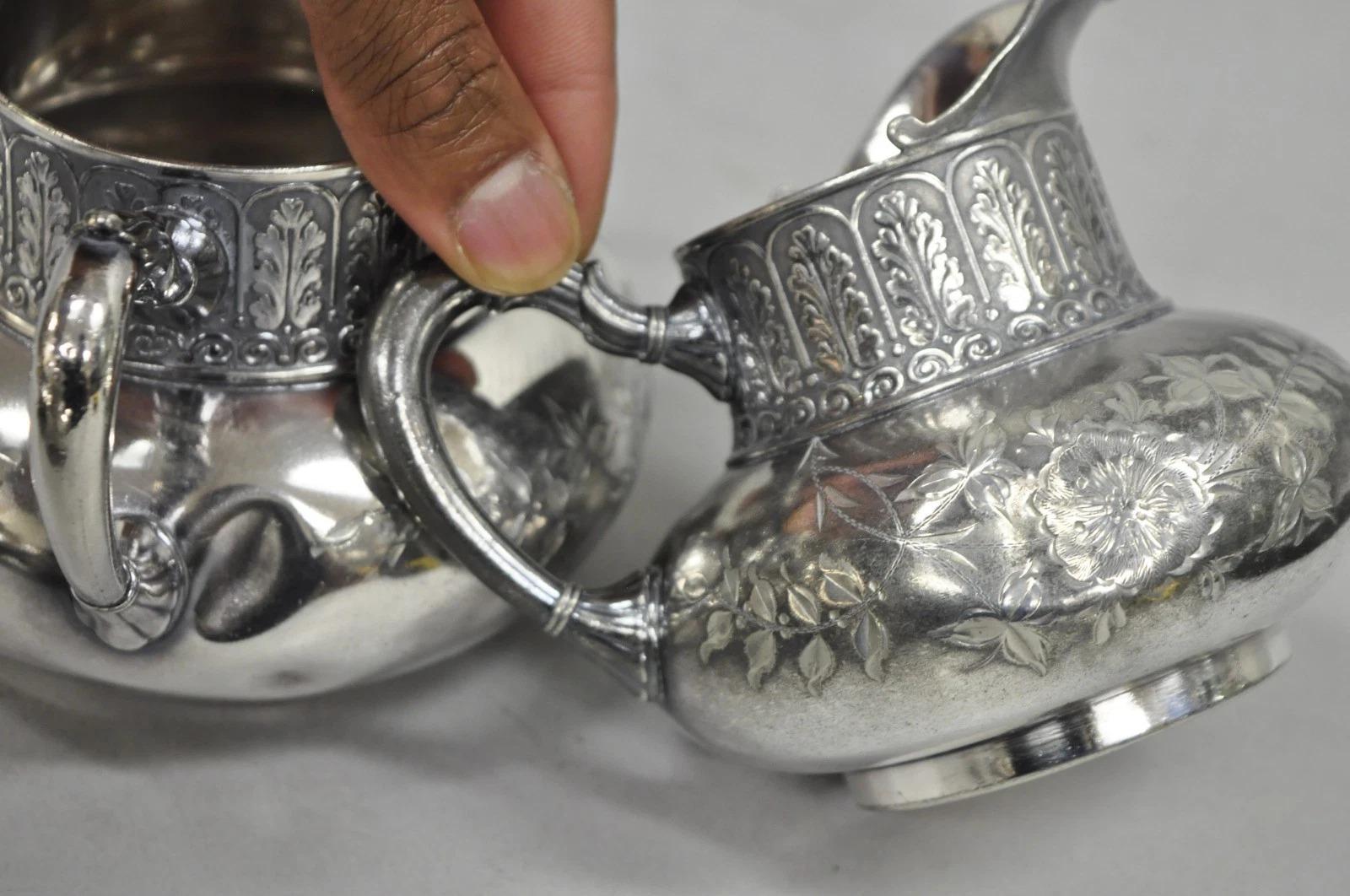 Antique James W Tufts 1948 Silver Plated Art Nouveau Tea Set - 5 Pc Set For Sale 4