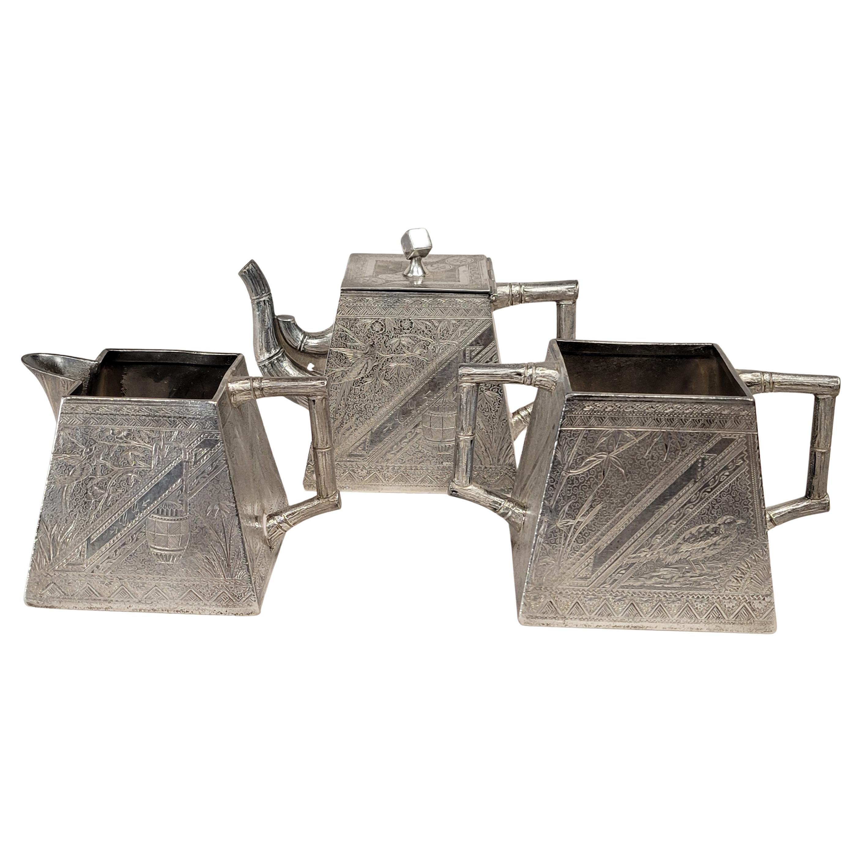 Antique James W. Tufts Boston Engraved Silverplate Aesthetic Movement Tea Set For Sale