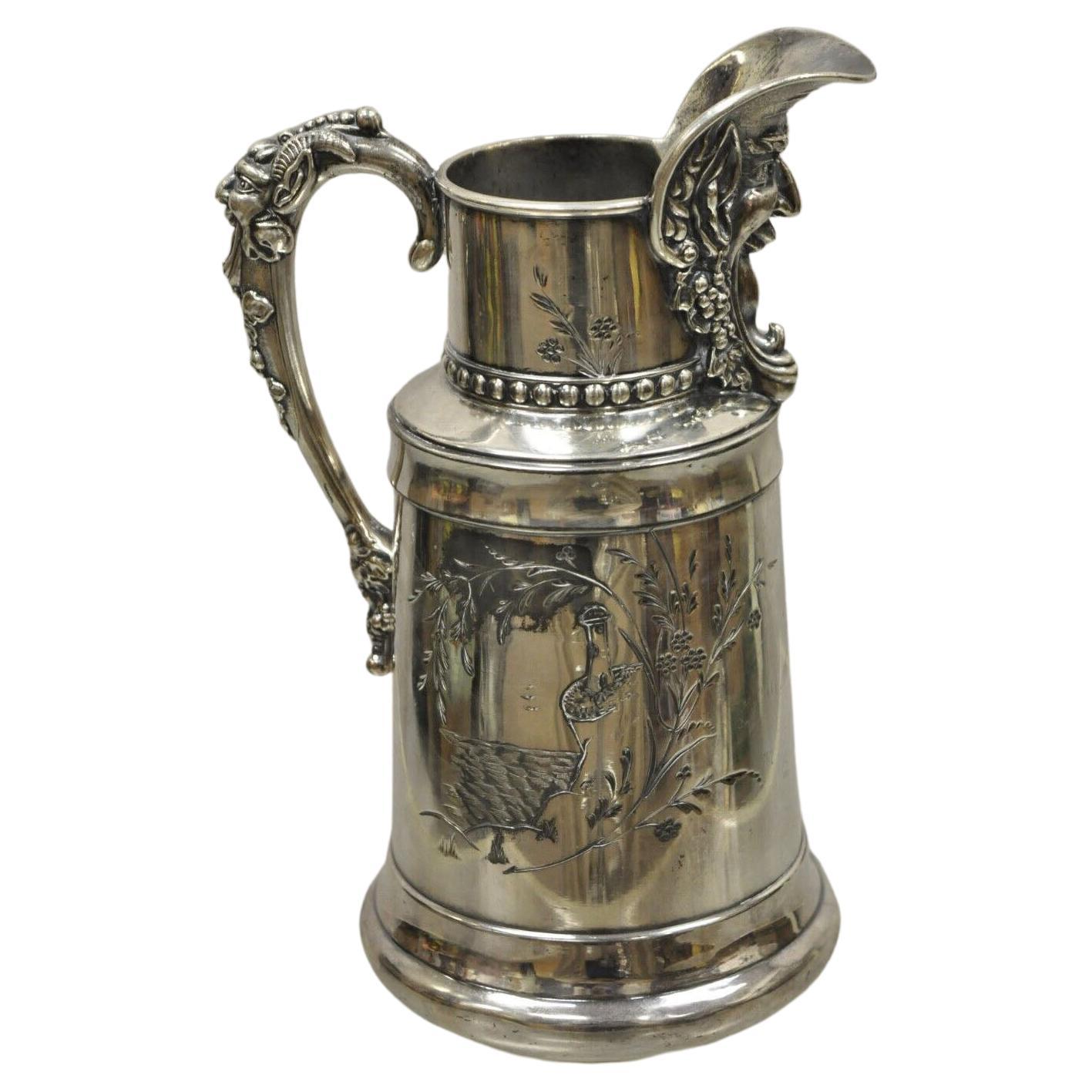Antique James W. Tufts Renaissance Bacchus Silverplated Water Wine Pitcher For Sale