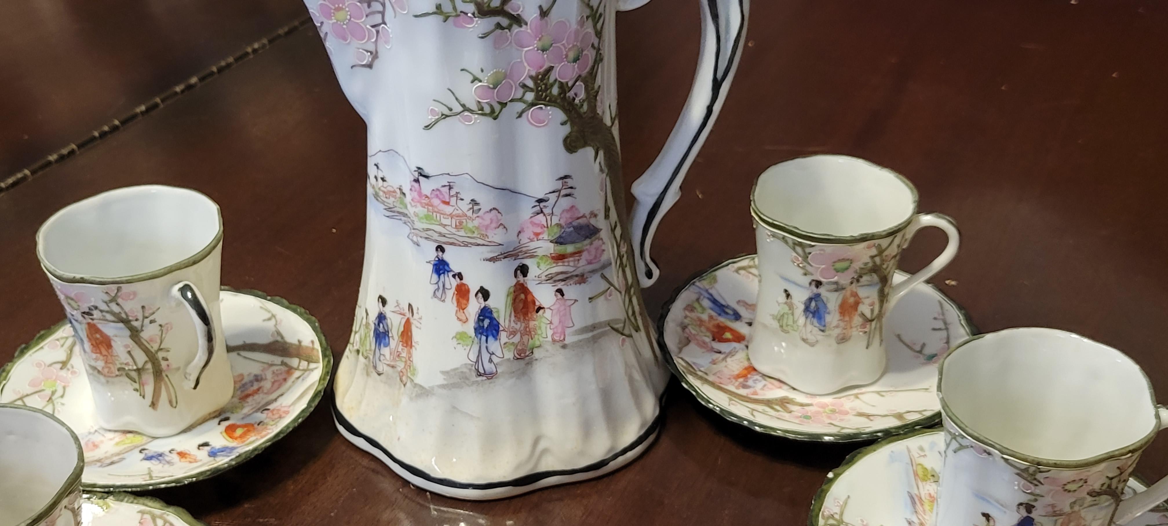Porcelain Antique Fine-China Japanese Hot Chocolate Set  For Sale