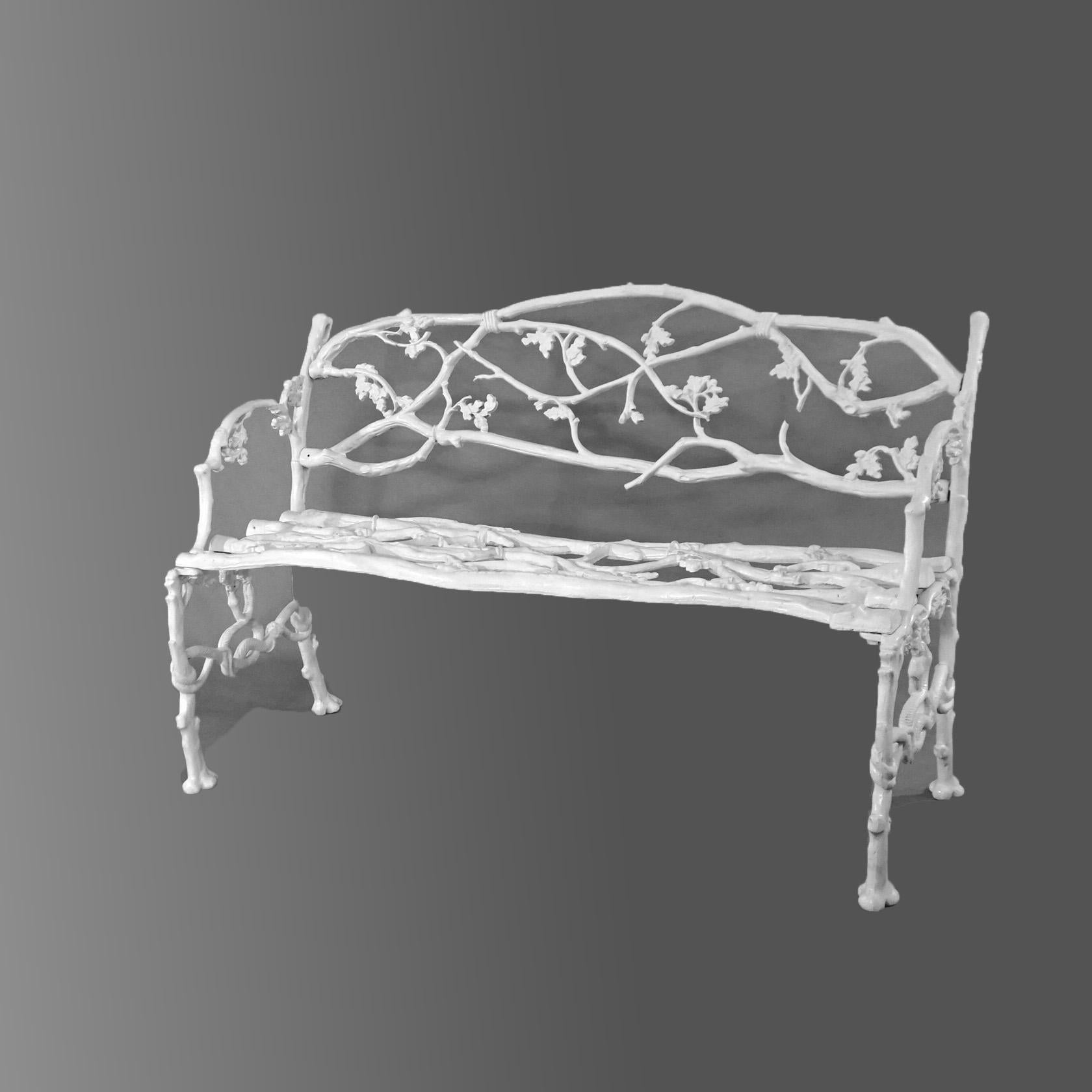 ***Ask About Reduced In-House Delivery Rates - Reliable Professional Service & Fully Insured***
Antique Janes Beebe & Co. Rustic White Painted Wrought Iron Twig Bench with Vine, Leaf, Berries & Snakes C1880

Measures - 33.25