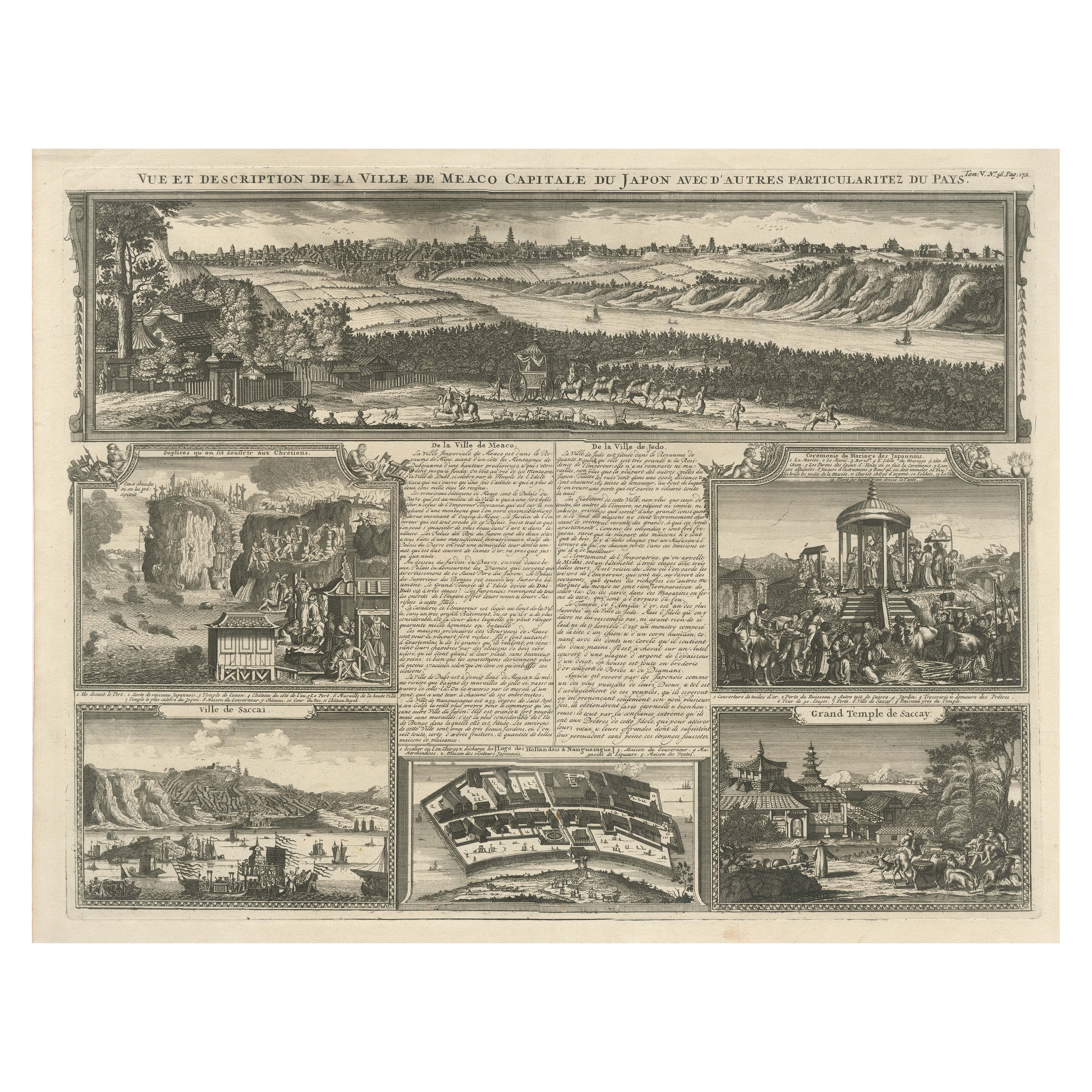 Vue ancienne du Japon - Meaco (Kyoto), Deshima et scènes japonaises, Chatelain, c.1719