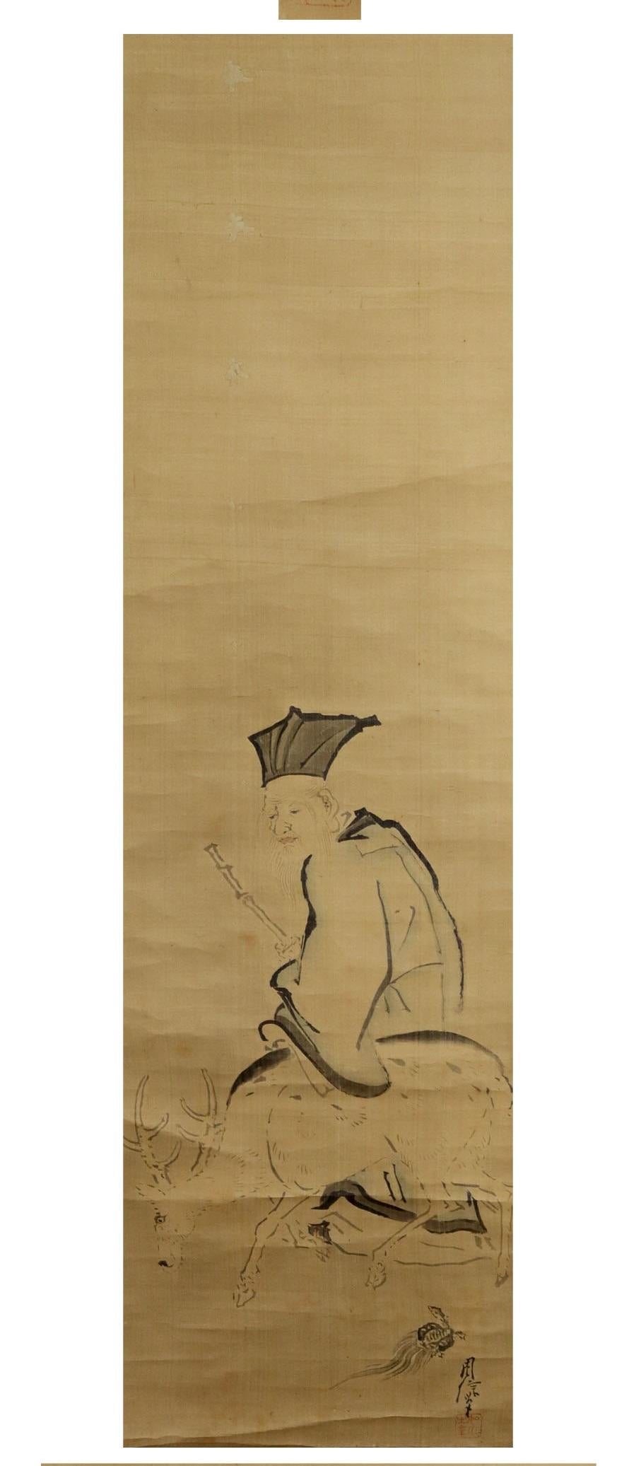 Japanese Painting 17th c Edo Scroll Triptyque  Kano Chikanobu Buddhist Painting For Sale 5
