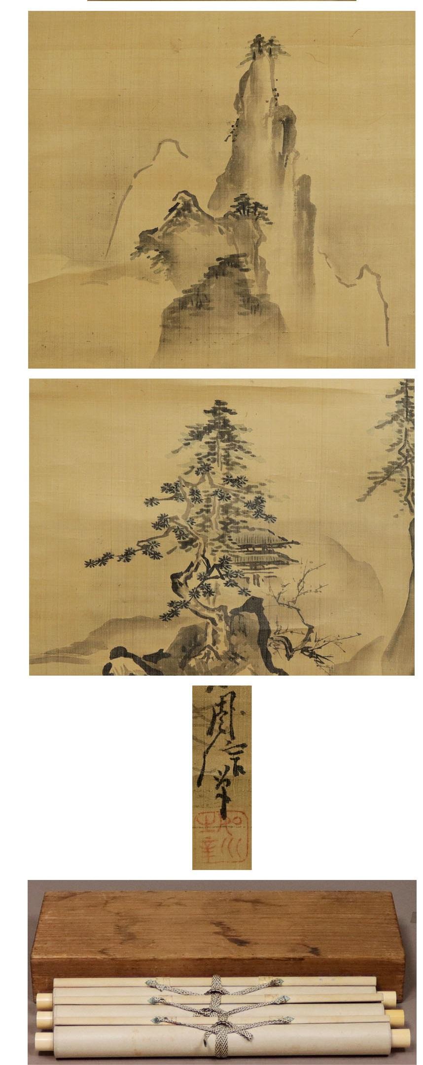 Japanese Painting 17th c Edo Scroll Triptyque  Kano Chikanobu Buddhist Painting In Good Condition For Sale In Amsterdam, Noord Holland