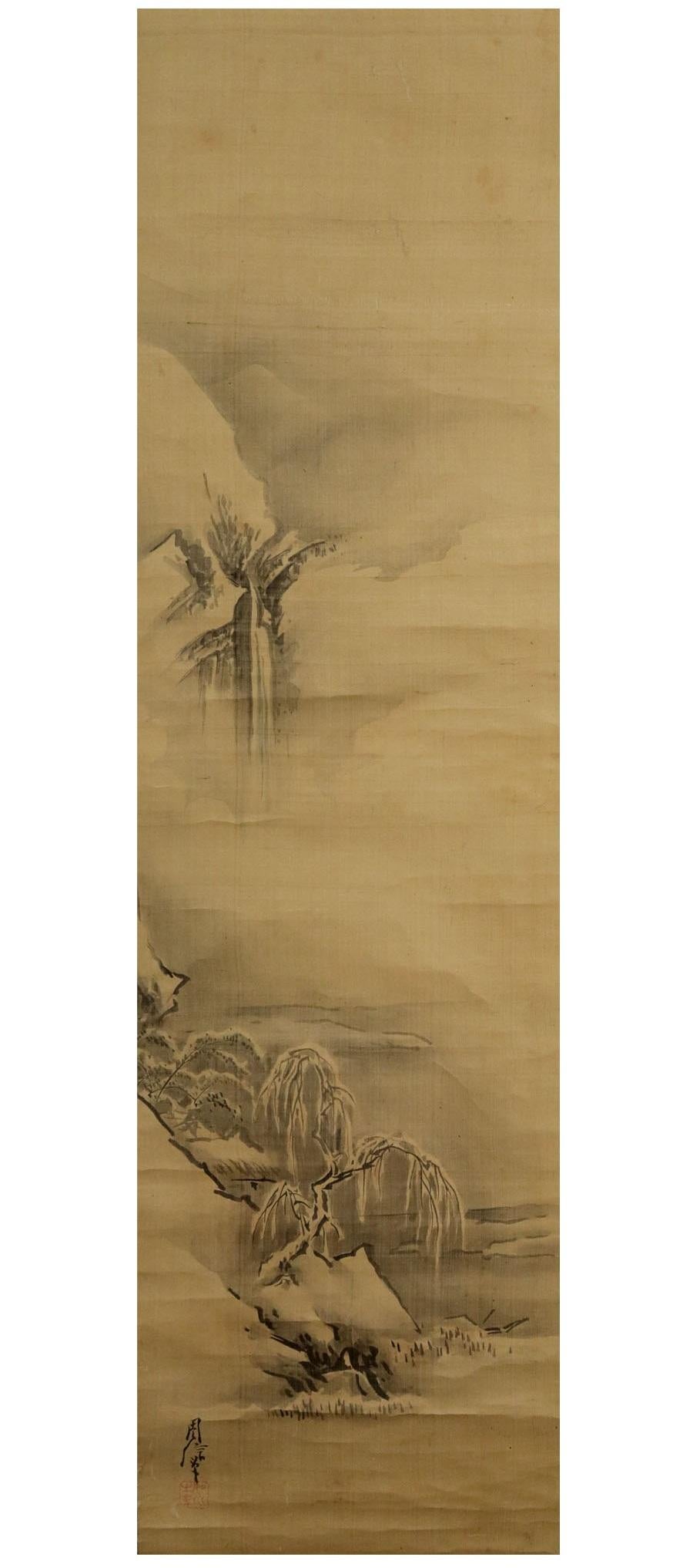 Silk Japanese Painting 17th c Edo Scroll Triptyque  Kano Chikanobu Buddhist Painting For Sale