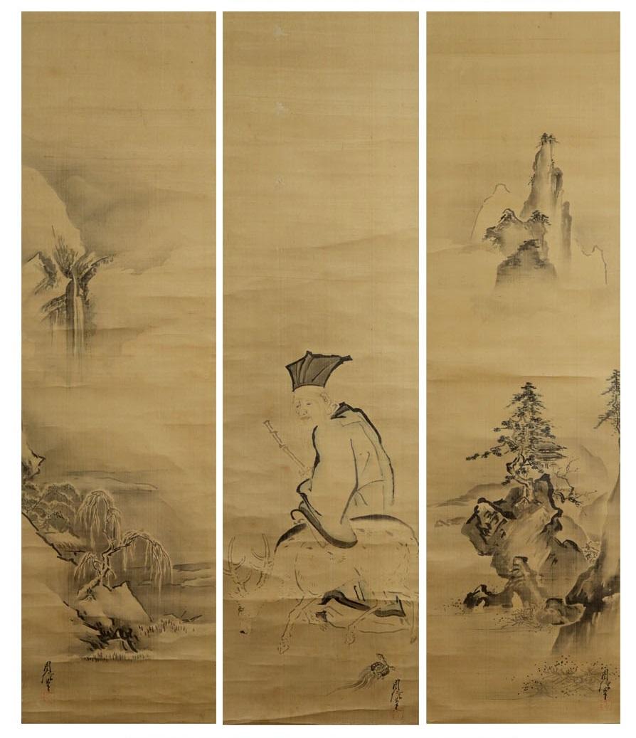 Japanese Painting 17th c Edo Scroll Triptyque  Kano Chikanobu Buddhist Painting For Sale 1