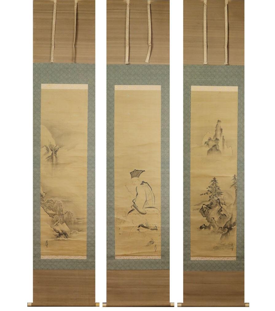 Japanese Painting 17th c Edo Scroll Triptyque  Kano Chikanobu Buddhist Painting For Sale 2