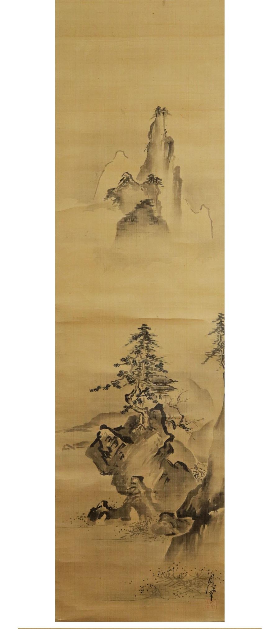 Japanese Painting 17th c Edo Scroll Triptyque  Kano Chikanobu Buddhist Painting For Sale 4