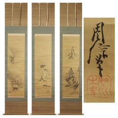 Antique Japanese Painting 17th c Edo Scroll Triptyque  Kano Chikanobu Buddhist Painting