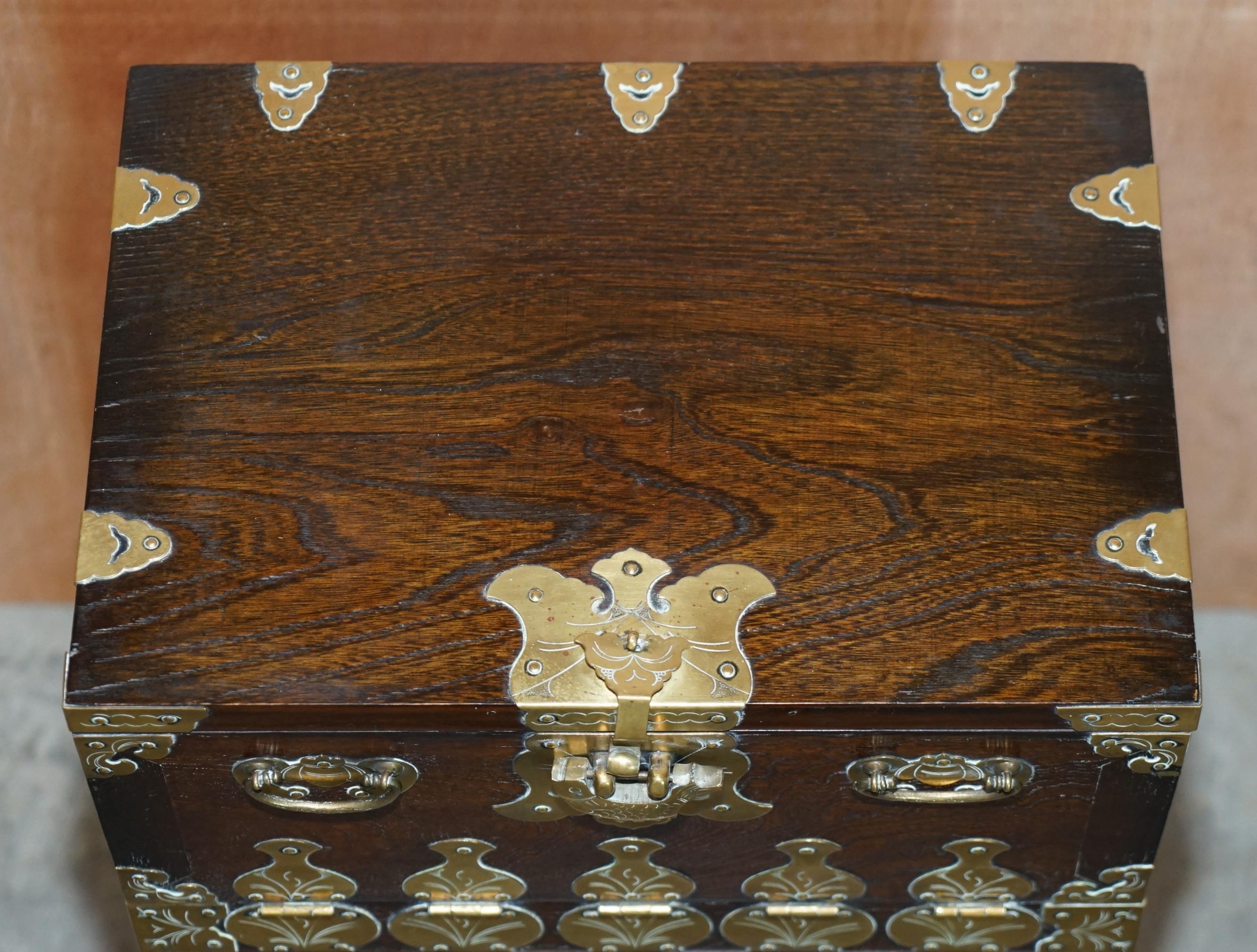 Antique Japanese 1880 Elm Side Table on Stand with Ornate Cast Brass Fixtures For Sale 5