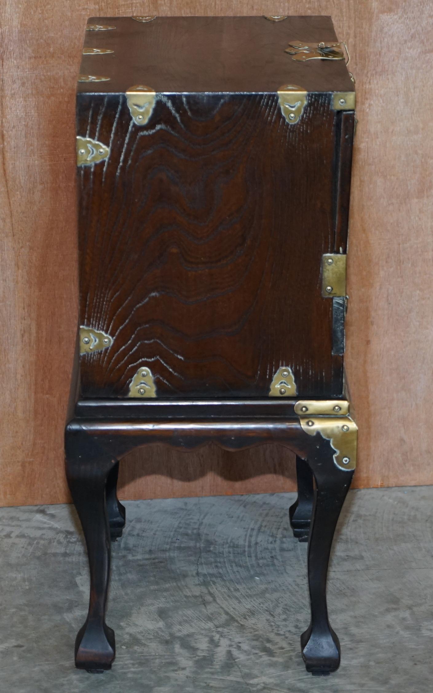 Antique Japanese 1880 Elm Side Table on Stand with Ornate Cast Brass Fixtures For Sale 8