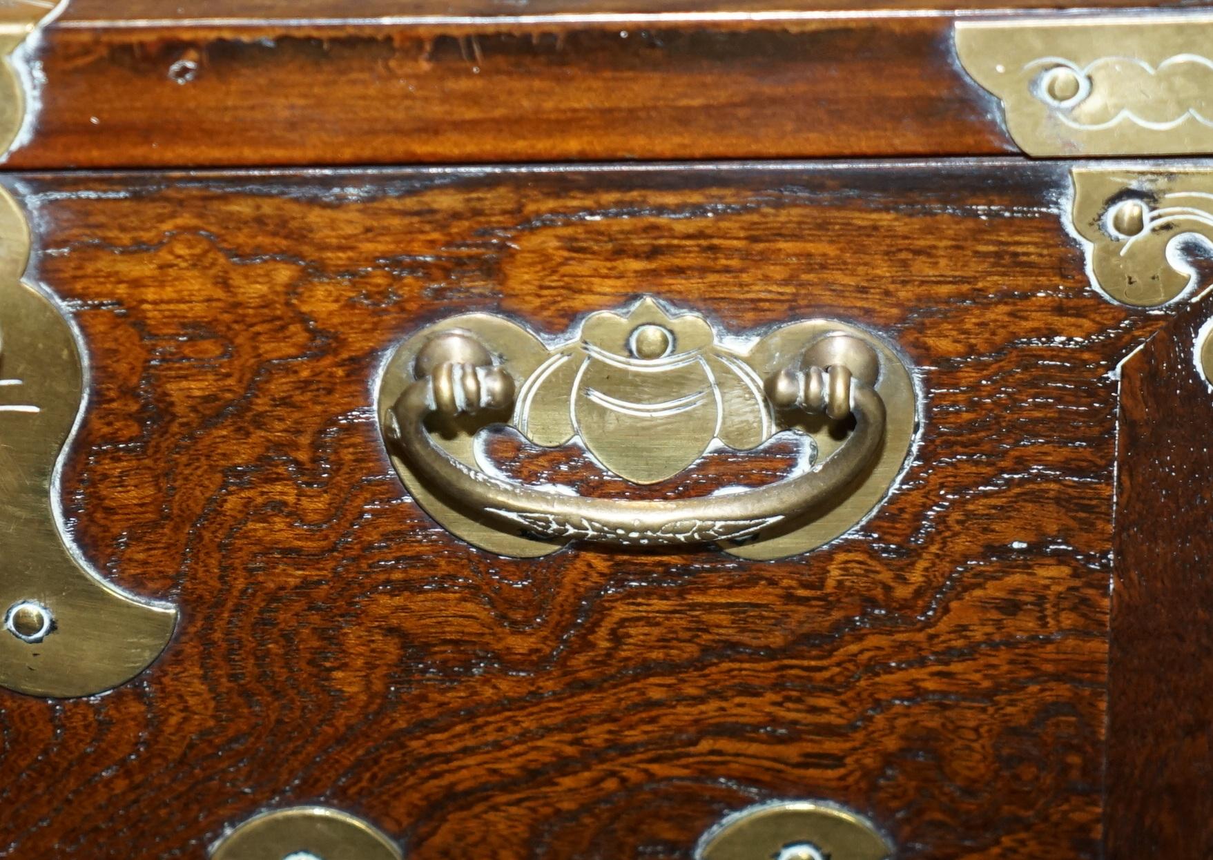 Antique Japanese 1880 Elm Side Table on Stand with Ornate Cast Brass Fixtures For Sale 14