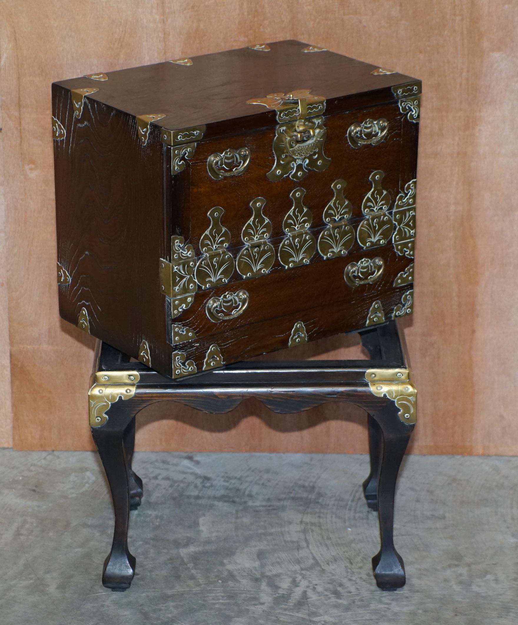 Antique Japanese 1880 Elm Side Table on Stand with Ornate Cast Brass Fixtures For Sale 15