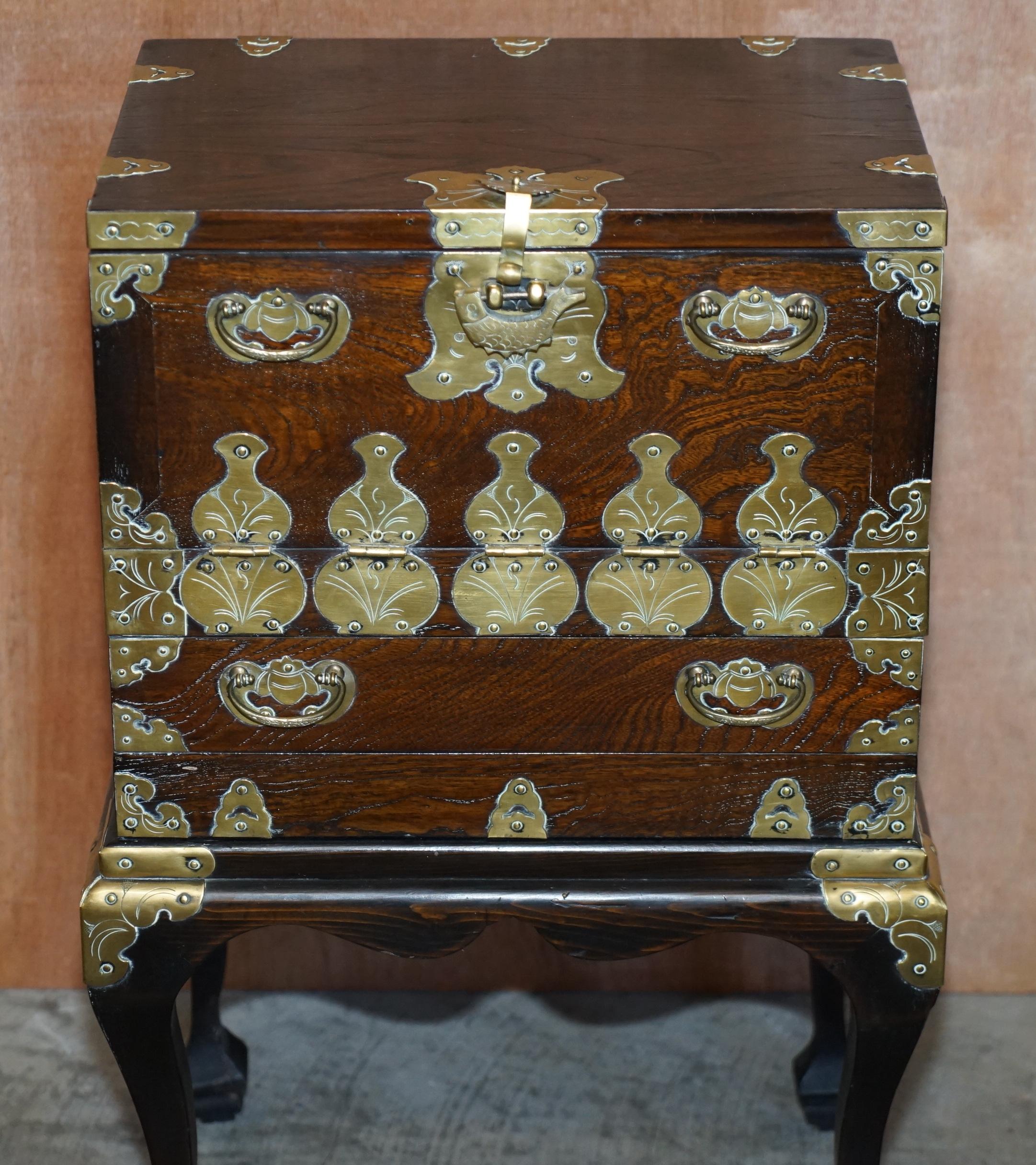 Victorian Antique Japanese 1880 Elm Side Table on Stand with Ornate Cast Brass Fixtures For Sale