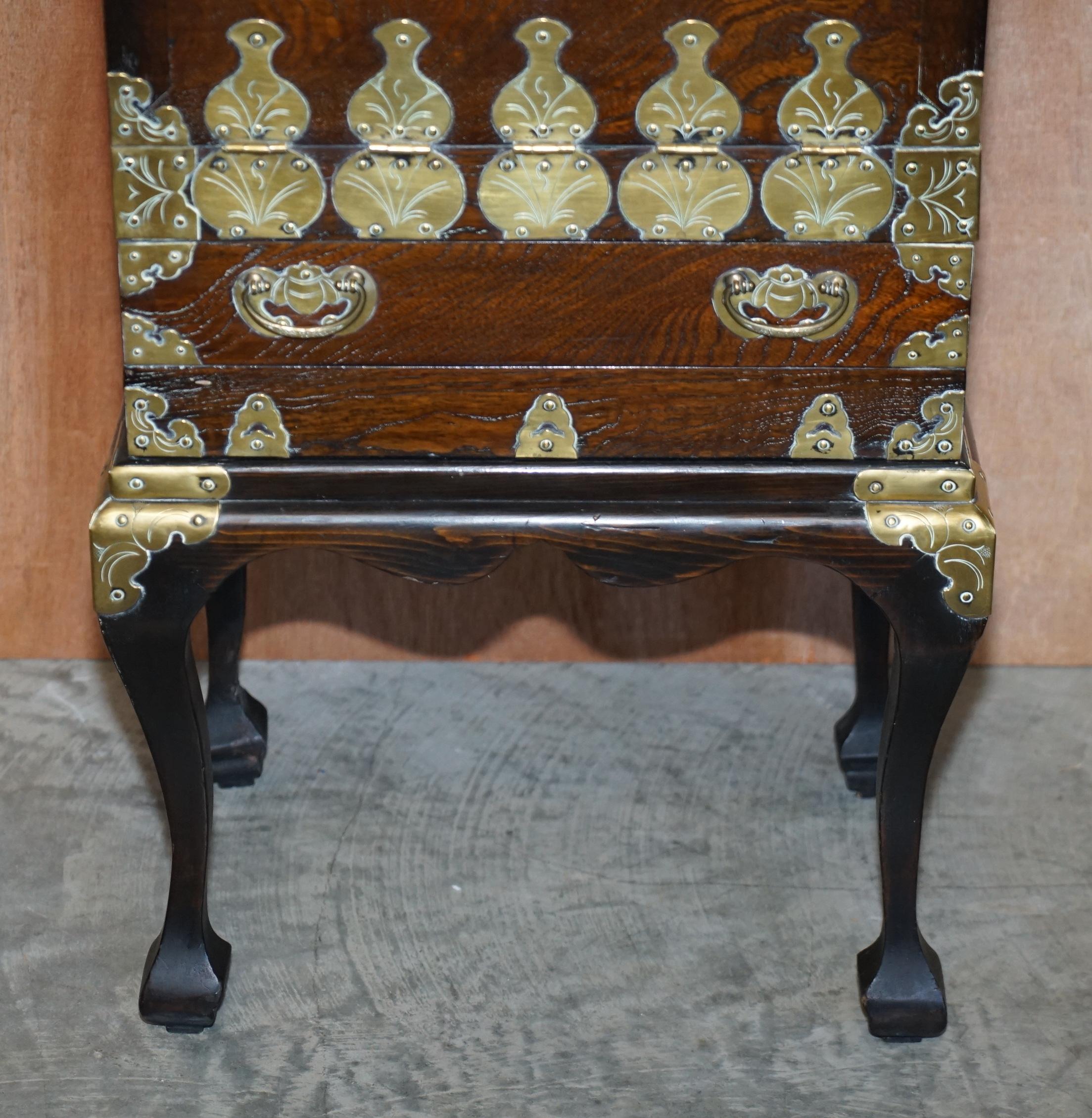 Hand-Crafted Antique Japanese 1880 Elm Side Table on Stand with Ornate Cast Brass Fixtures For Sale