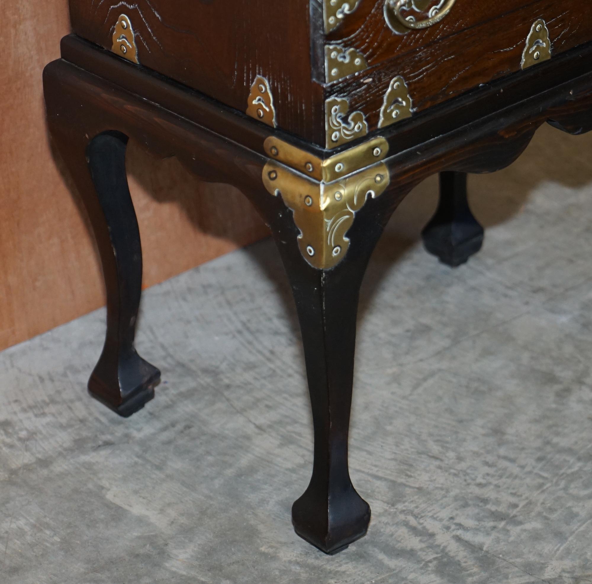 Antique Japanese 1880 Elm Side Table on Stand with Ornate Cast Brass Fixtures For Sale 2