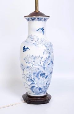 Antique Japanese 19th Century Blue And White Glazed Porcelain Vase Lamp C.1880