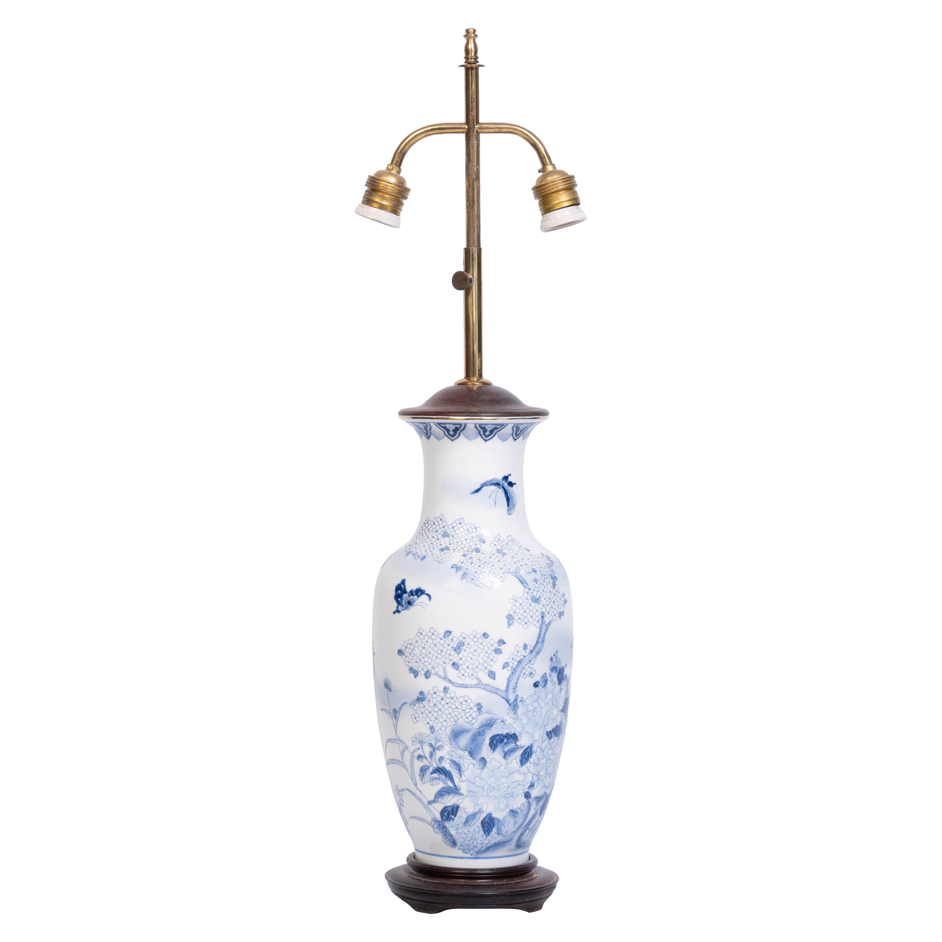 Antique Japanese 19th Century Blue And White Glazed Porcelain Vase Lamp C.1880
