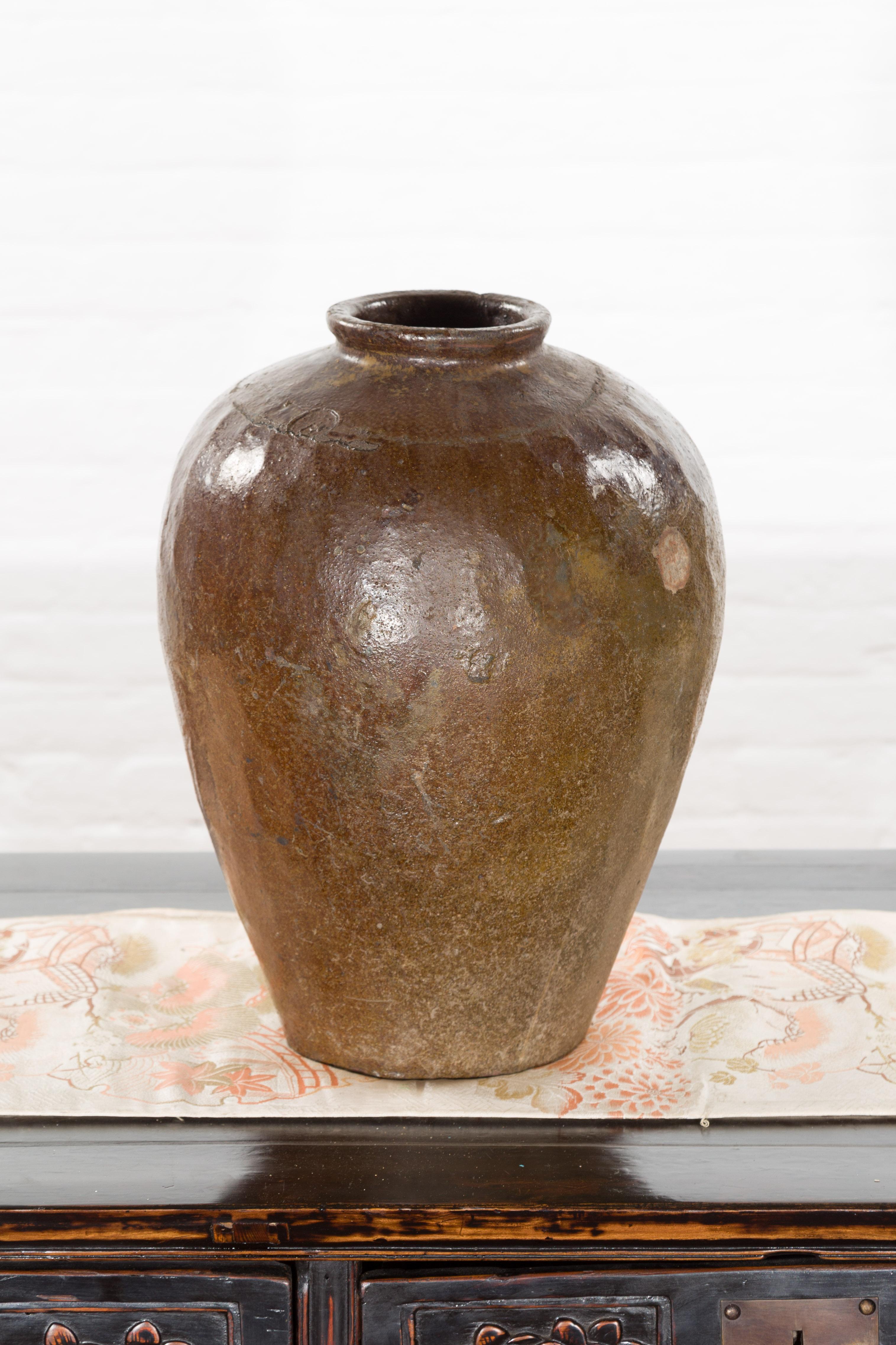 Antique Japanese 19th Century Brown Glazed Water Jar with Distressed Appearance For Sale 6