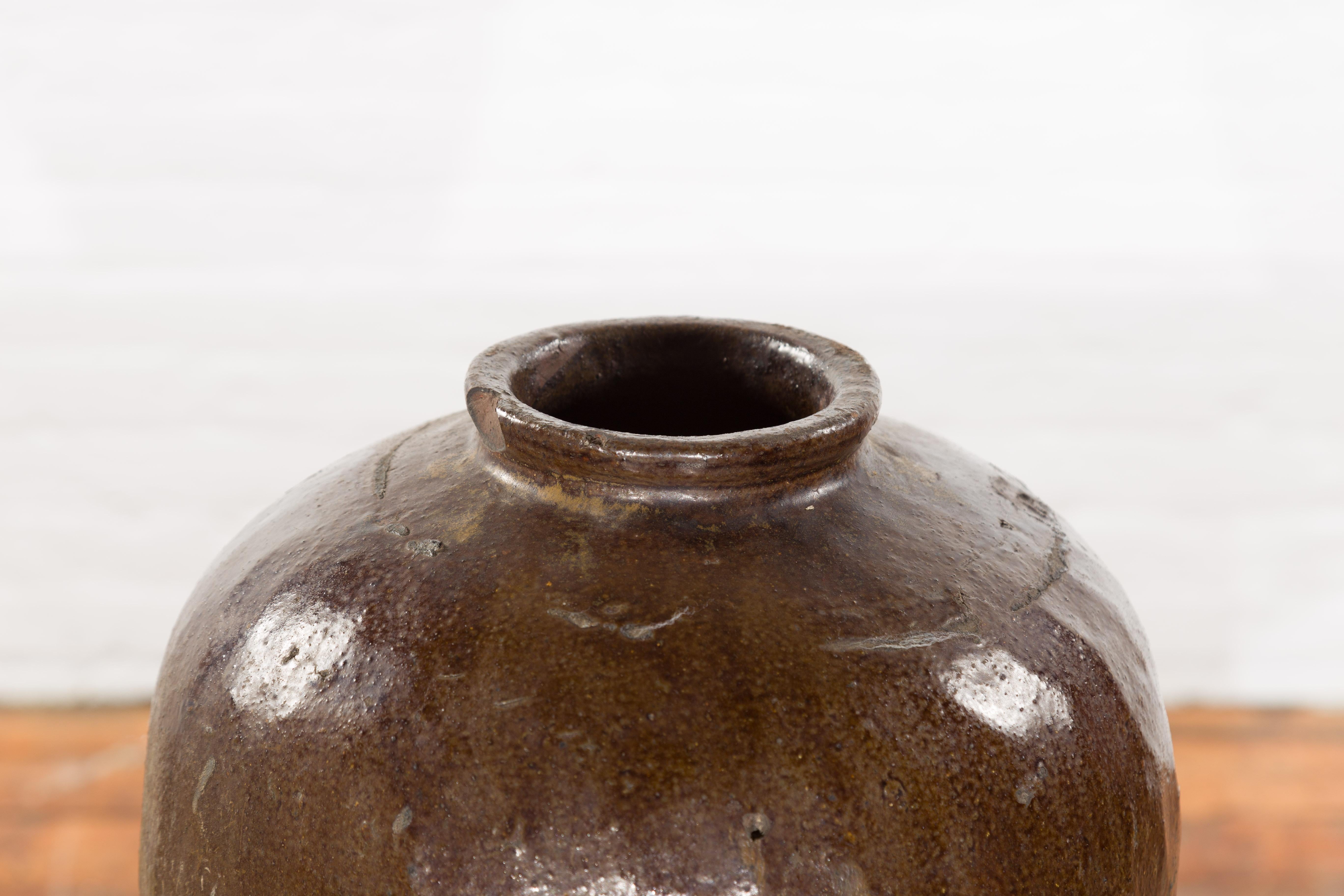 Antique Japanese 19th Century Brown Glazed Water Jar with Distressed Appearance In Good Condition For Sale In Yonkers, NY