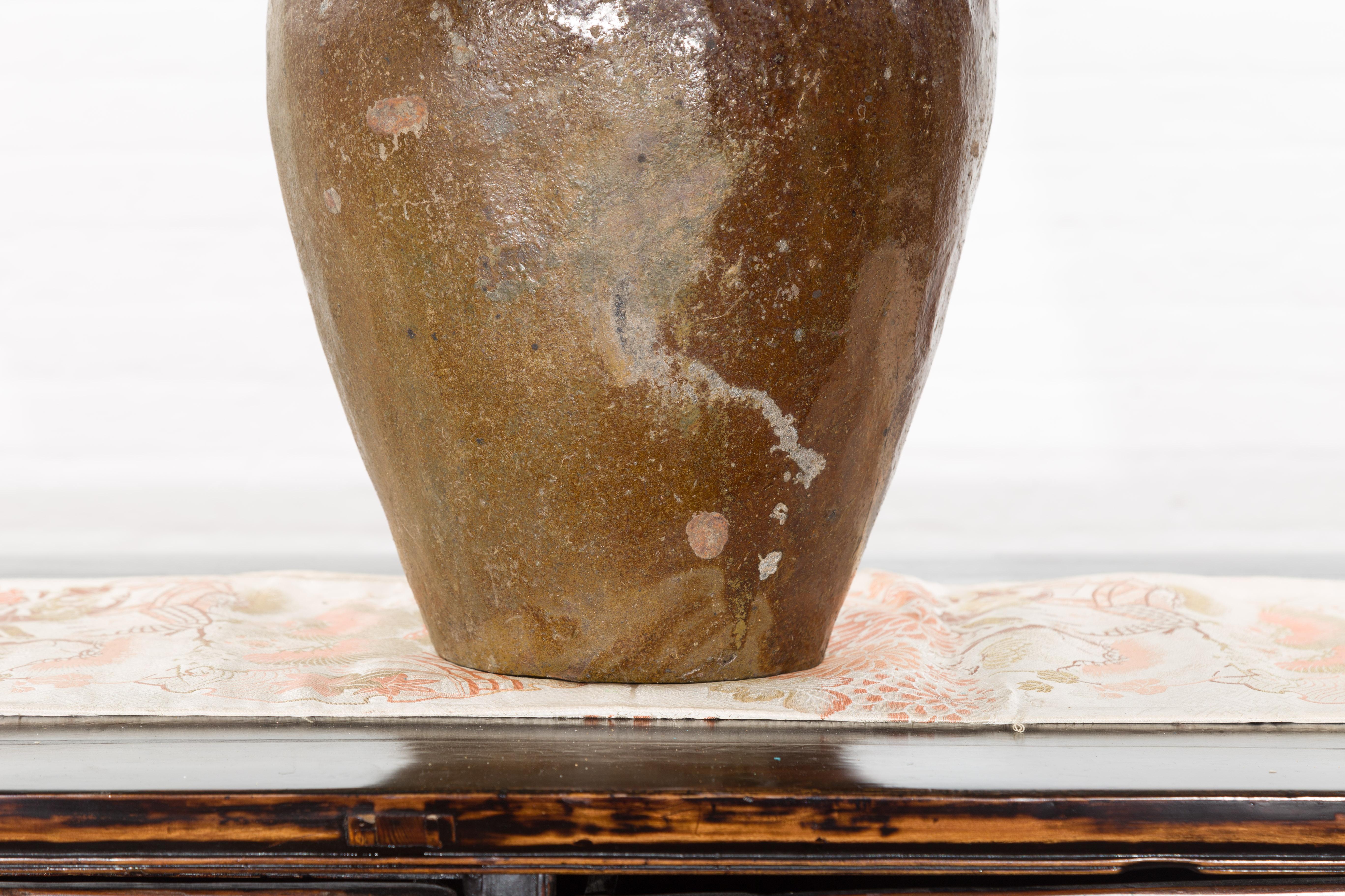 Antique Japanese 19th Century Brown Glazed Water Jar with Distressed Appearance For Sale 4