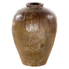 Antique Japanese 19th Century Brown Glazed Water Jar with Distressed Appearance