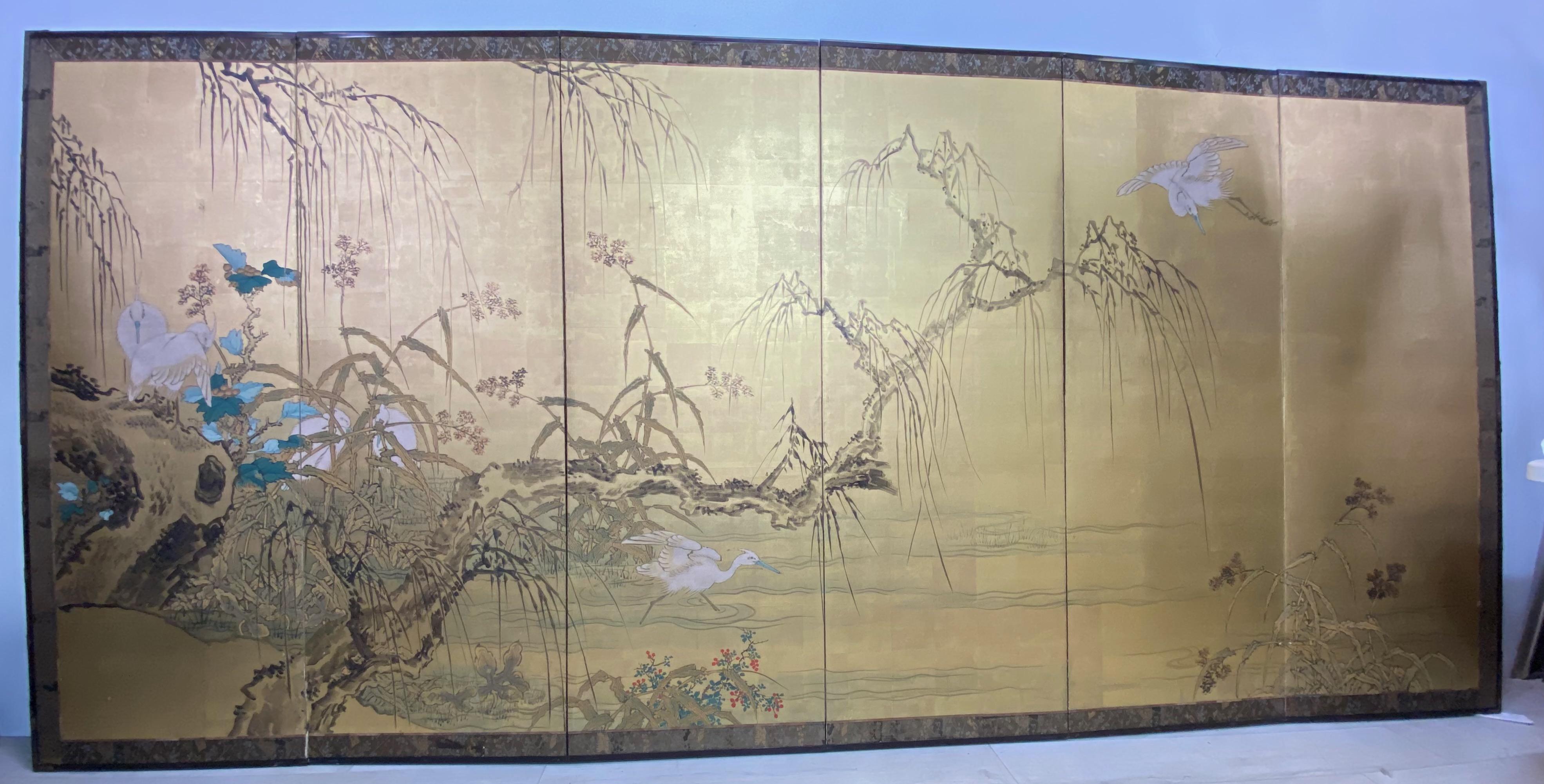 Antique Japanese 6 Panel Folding Screen, Meiji Period 3