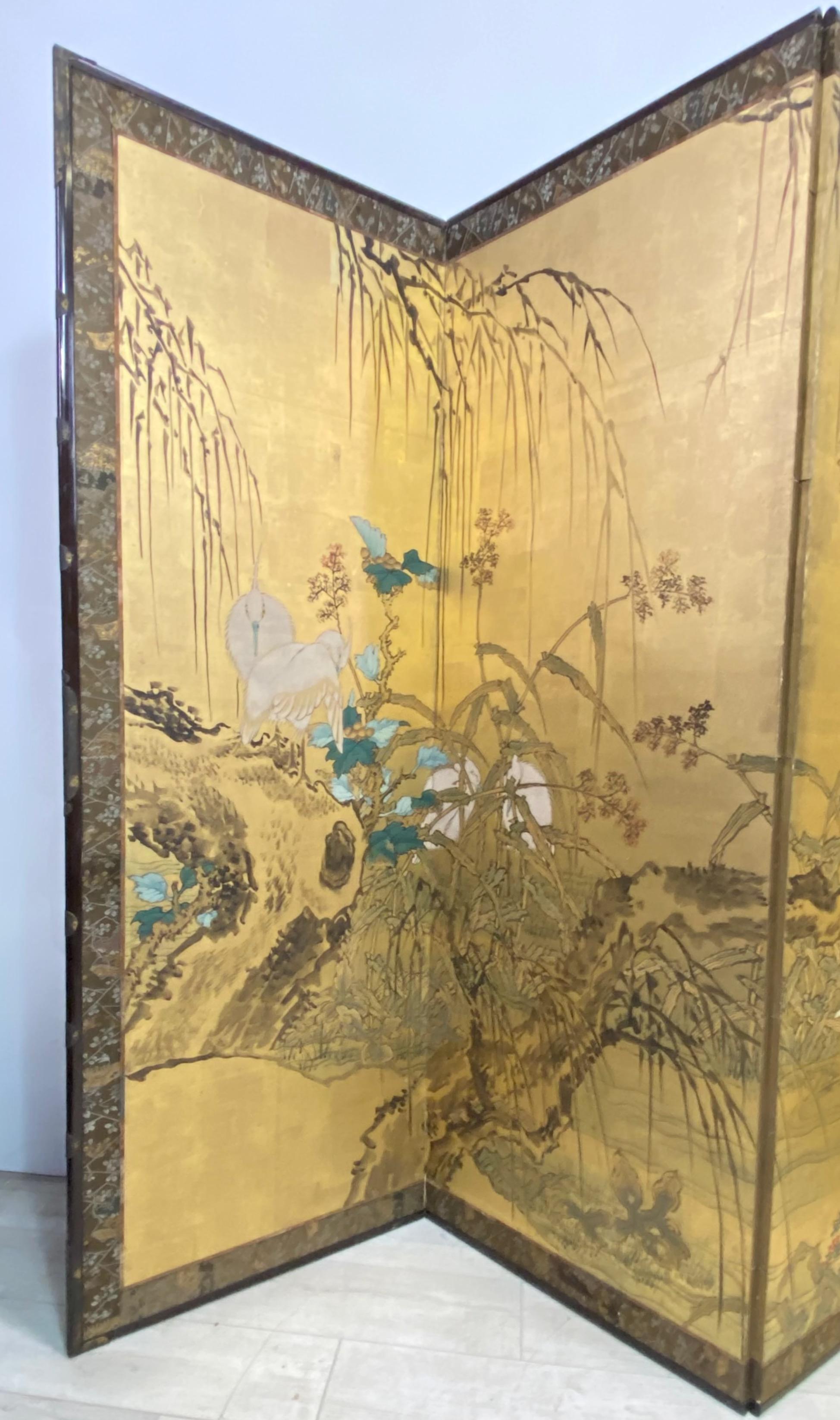 Hand-Painted Antique Japanese 6 Panel Folding Screen, Meiji Period