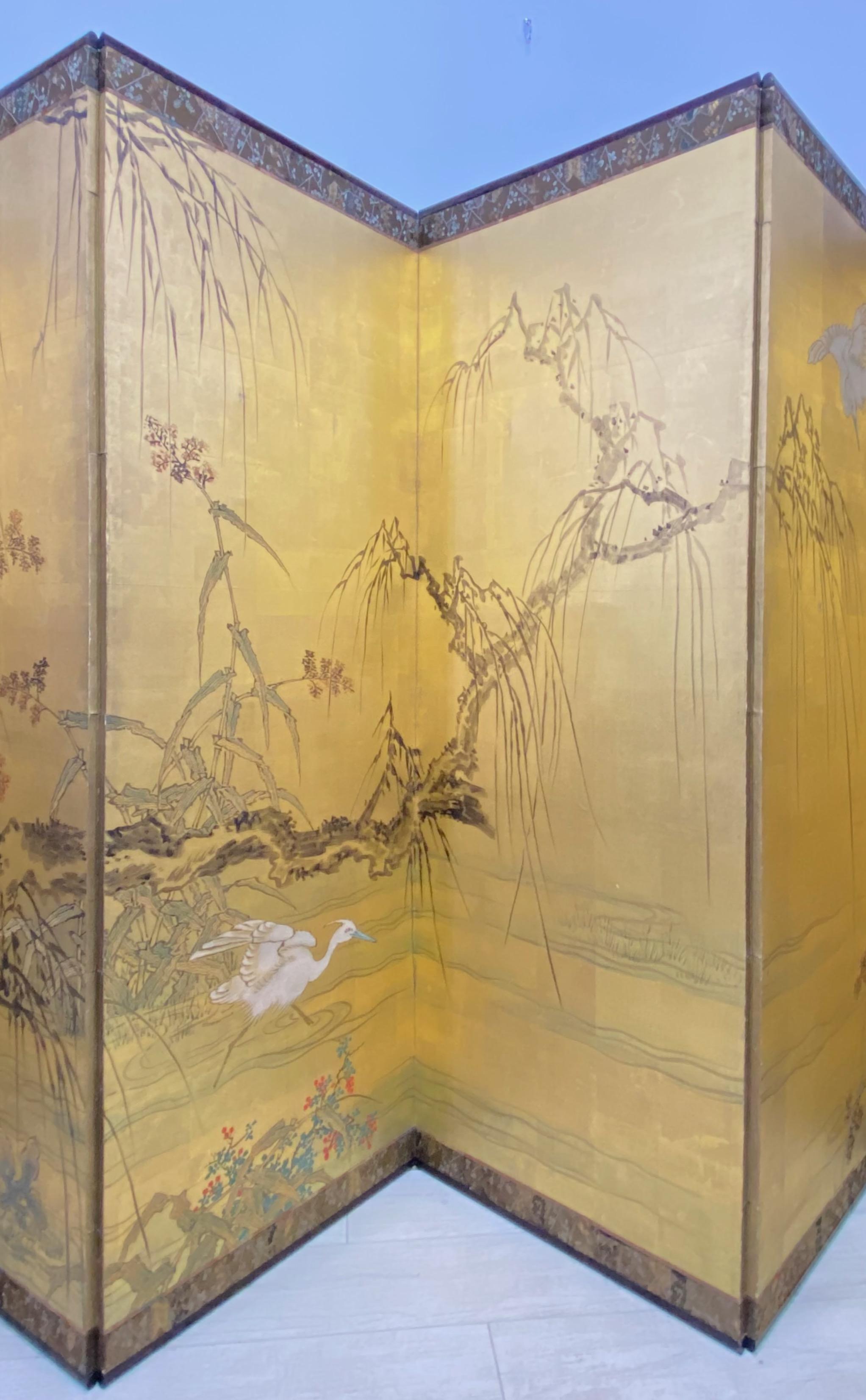 20th Century Antique Japanese 6 Panel Folding Screen, Meiji Period
