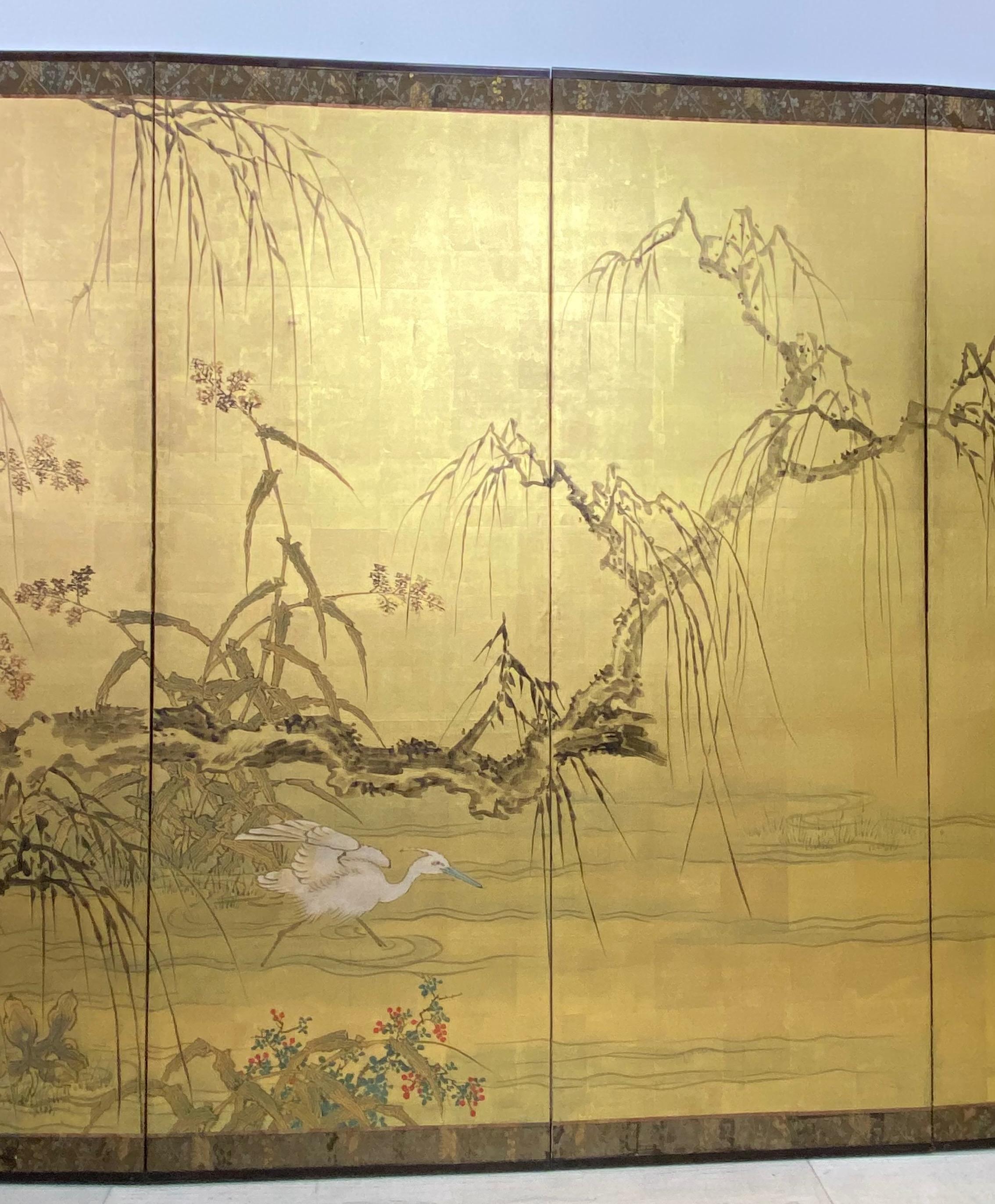 Silk Antique Japanese 6 Panel Folding Screen, Meiji Period