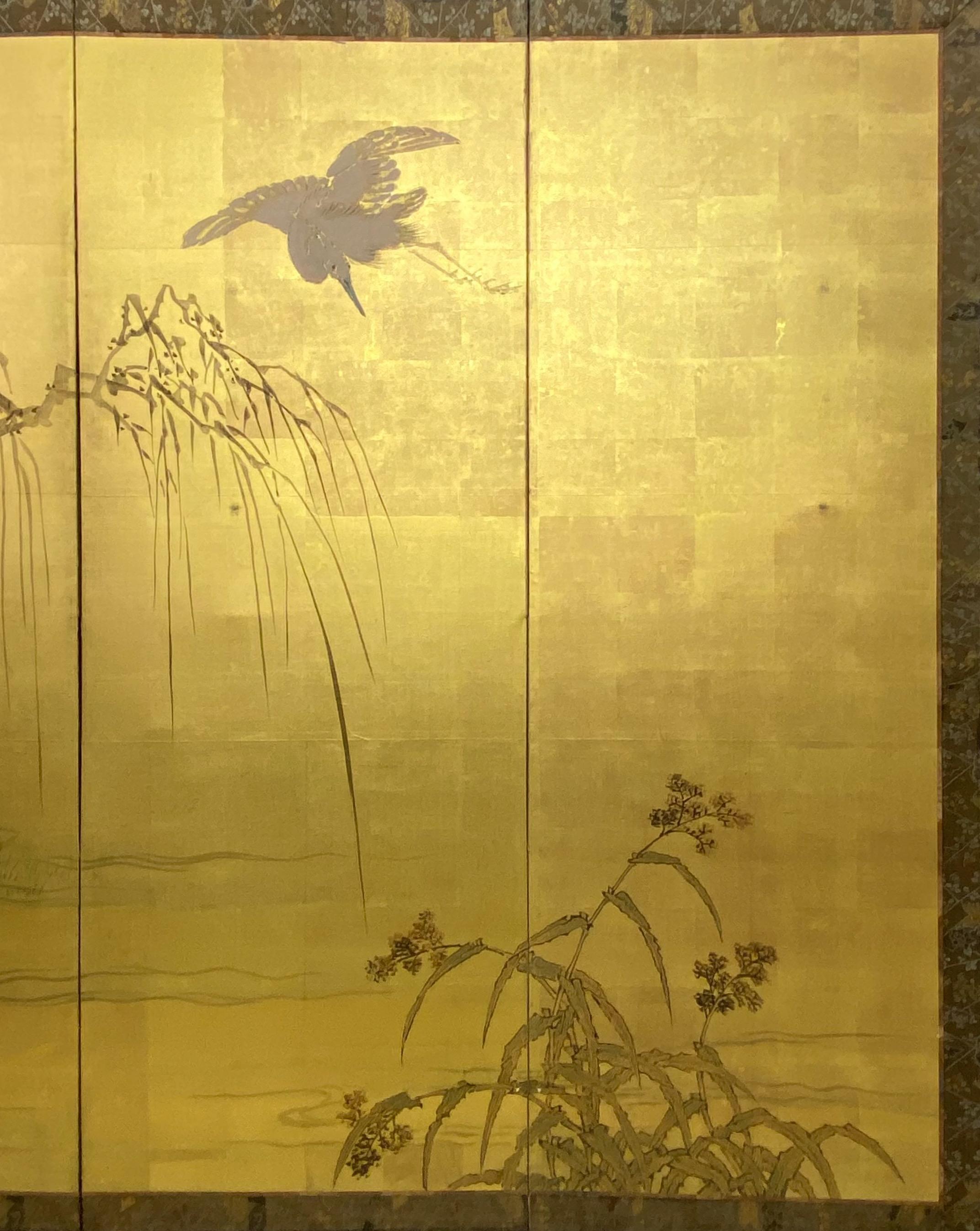Antique Japanese 6 Panel Folding Screen, Meiji Period 1