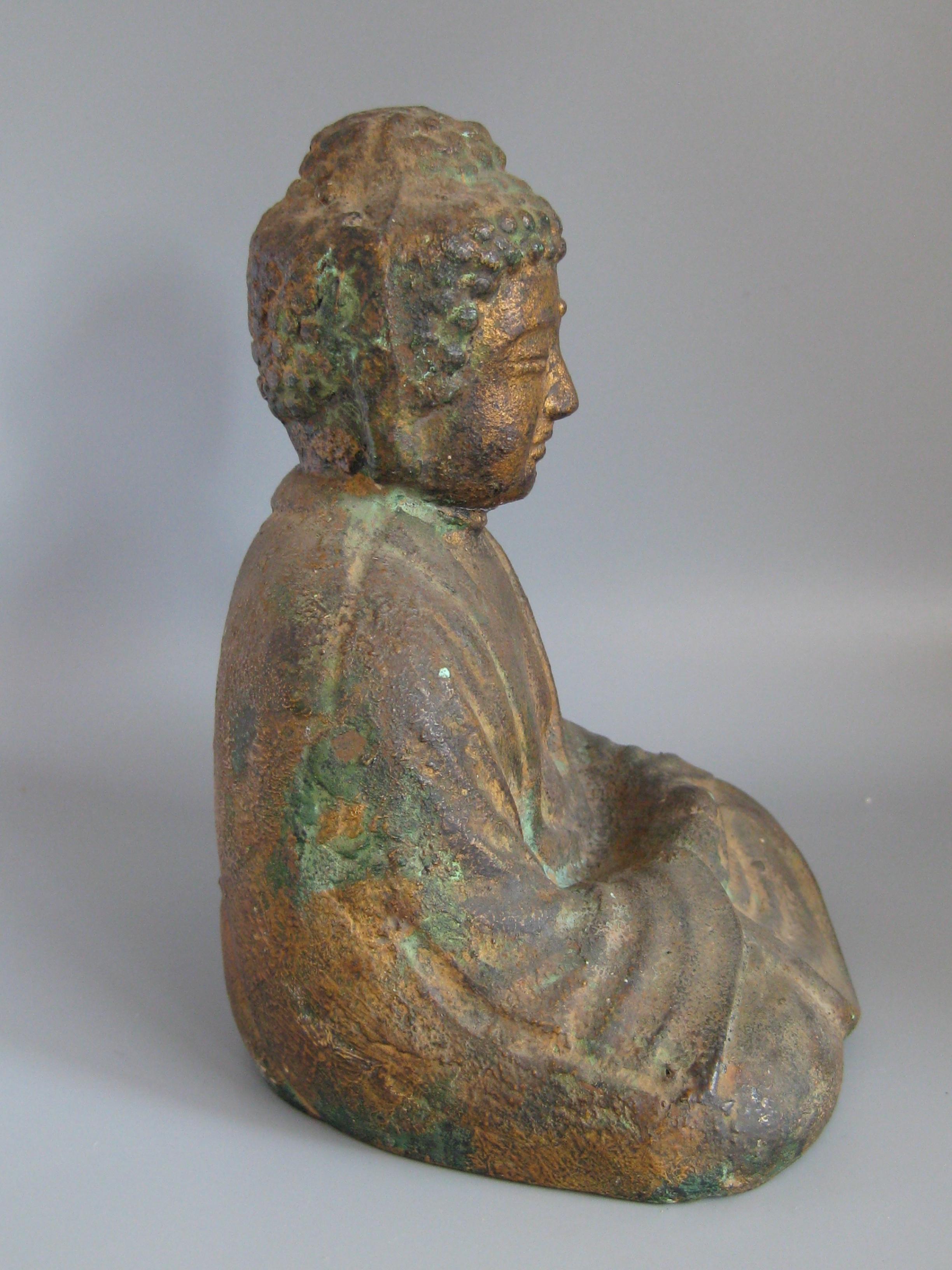 Antique Japanese Amida Buddha after Kamakura Cast Iron Statue with Gold Gilt In Good Condition In San Diego, CA