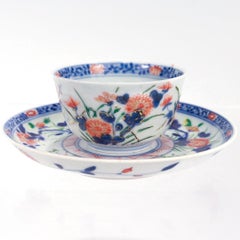 Antique Japanese Arita Porcelain Handleless Cup & Saucer with Cherry Blossoms