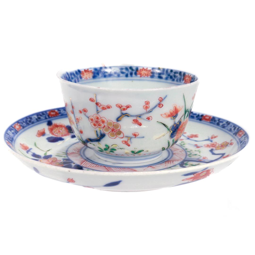 Antique Japanese Arita Porcelain Handleless Cup & Saucer with Cherry Blossoms In Good Condition For Sale In Philadelphia, PA