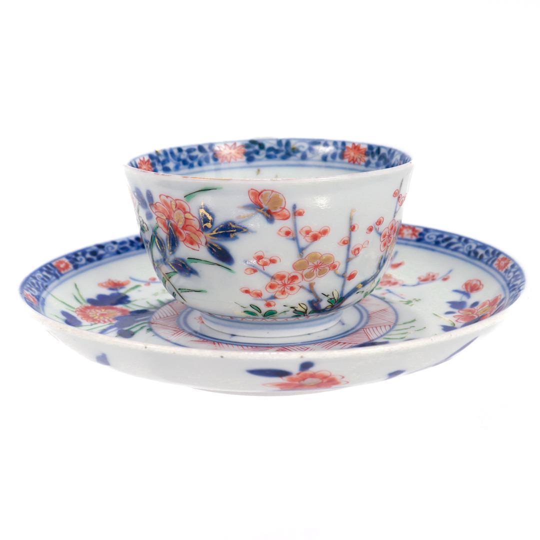 19th Century Antique Japanese Arita Porcelain Handleless Cup & Saucer with Cherry Blossoms For Sale