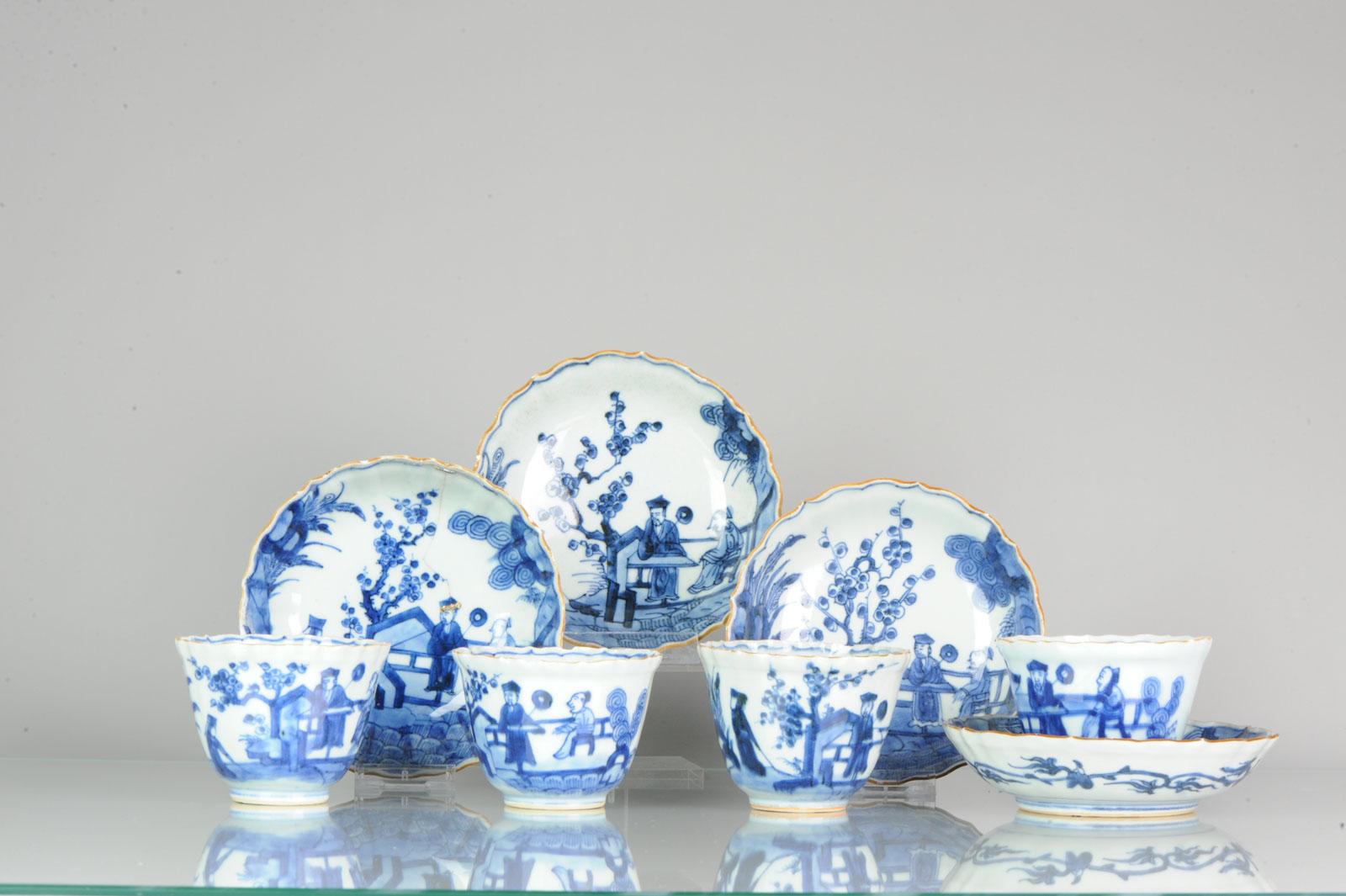 A very nice and rare set of Blue and White Kakiemon tea bowls and saucers

 

 
Condition
Overall condition; Saucers 2 with hairline & chips/frits 2 Restored. Cups: All with Chips & Frits, 3 with hairline. Size (aprox): 13 & 8.3