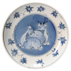 Antique Japanese Arita Sometsuke Dish with Deer Autumn Leaves Design, 1660-1670