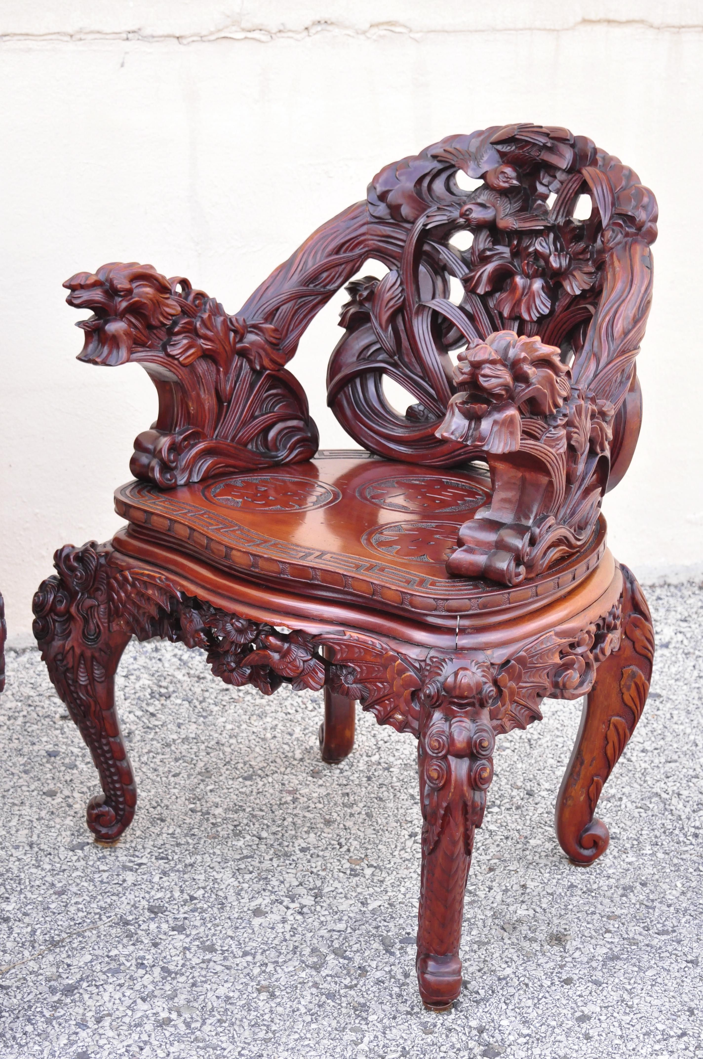 Art nouveau Bureau et chaise partenaires Art Nouveau japonais ancien sculpté en forme de dragon à 4 tiroirs en vente