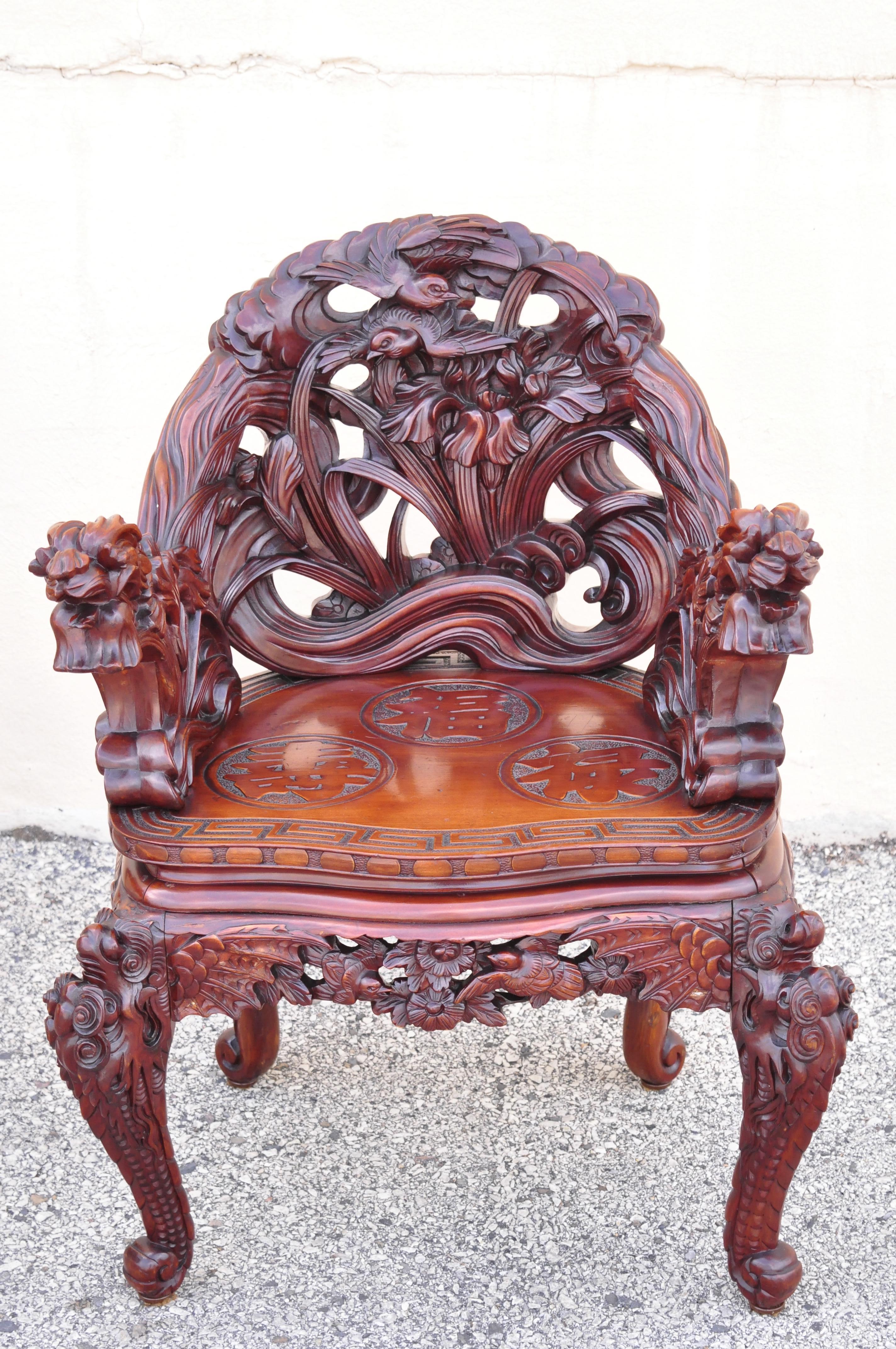 Wood Antique Japanese Art Nouveau Dragon Carved 4 Drawer Partners Desk and Chair For Sale