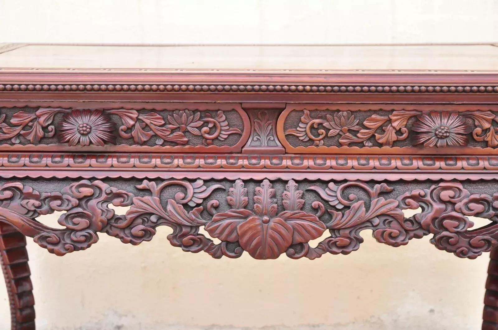 Antica scrivania giapponese Art Carved intagliata a quattro cassetti con sedia in vendita 3